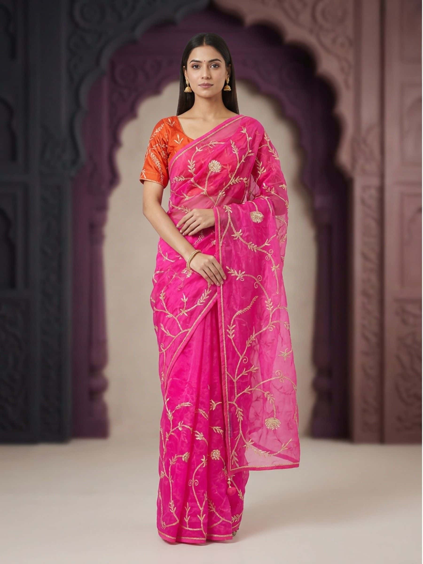 Peppy Pink Organza Saree in Pretty Jaal Work - Image 1