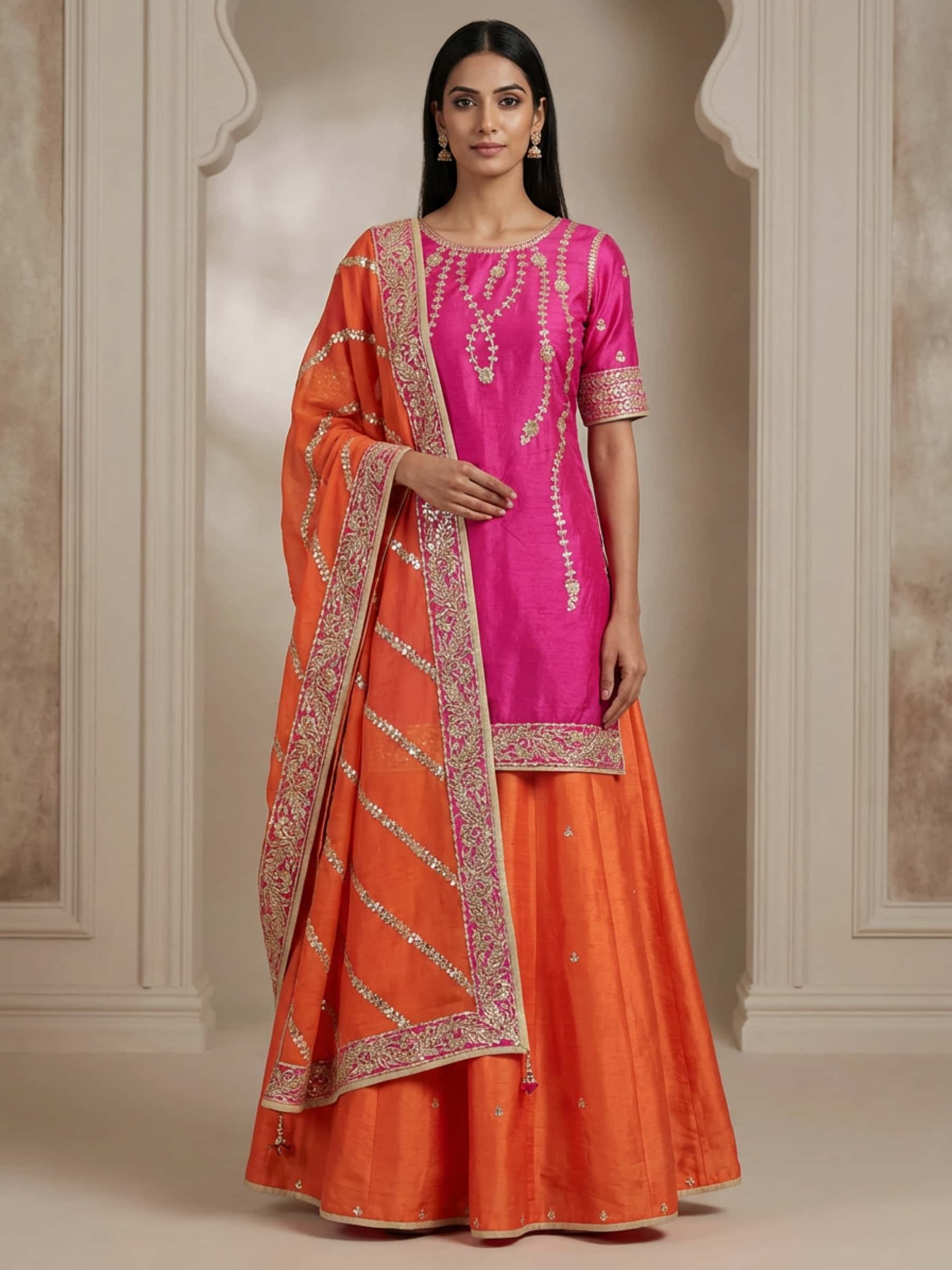 Peppy pink and orange plazzo Dress Set in Gota Work - Image 1