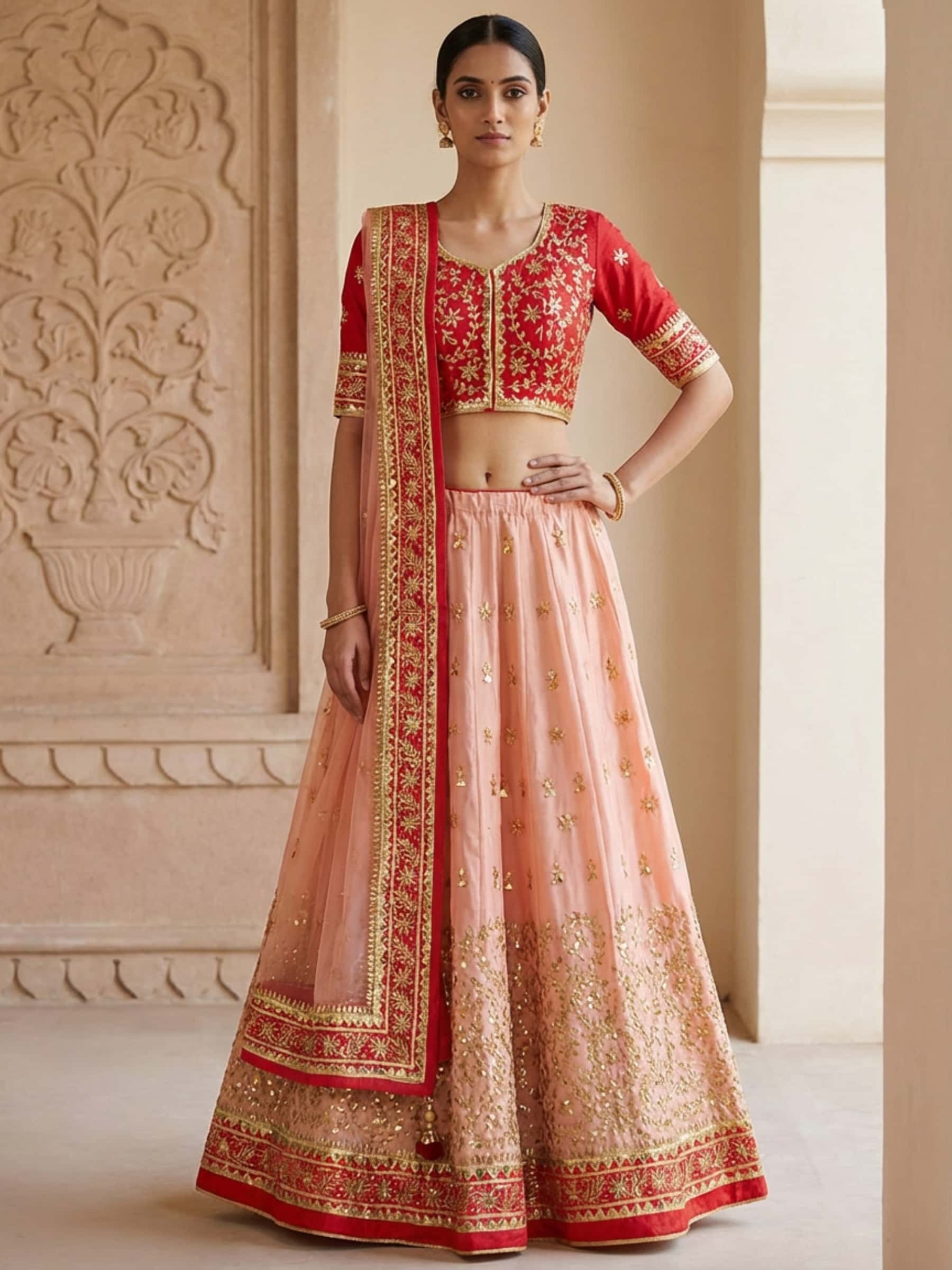 Perfect Peach and Red Lehenga in Pure Silk - Image 1