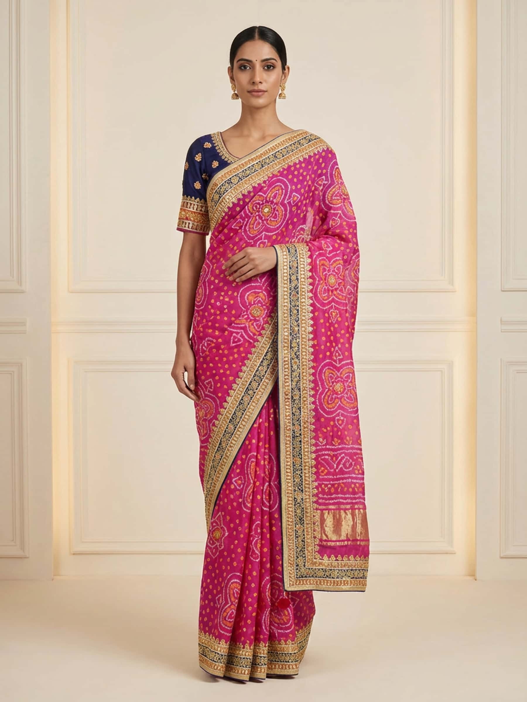 Pink Bandhej Saree with Contrast Blue Border - Image 1