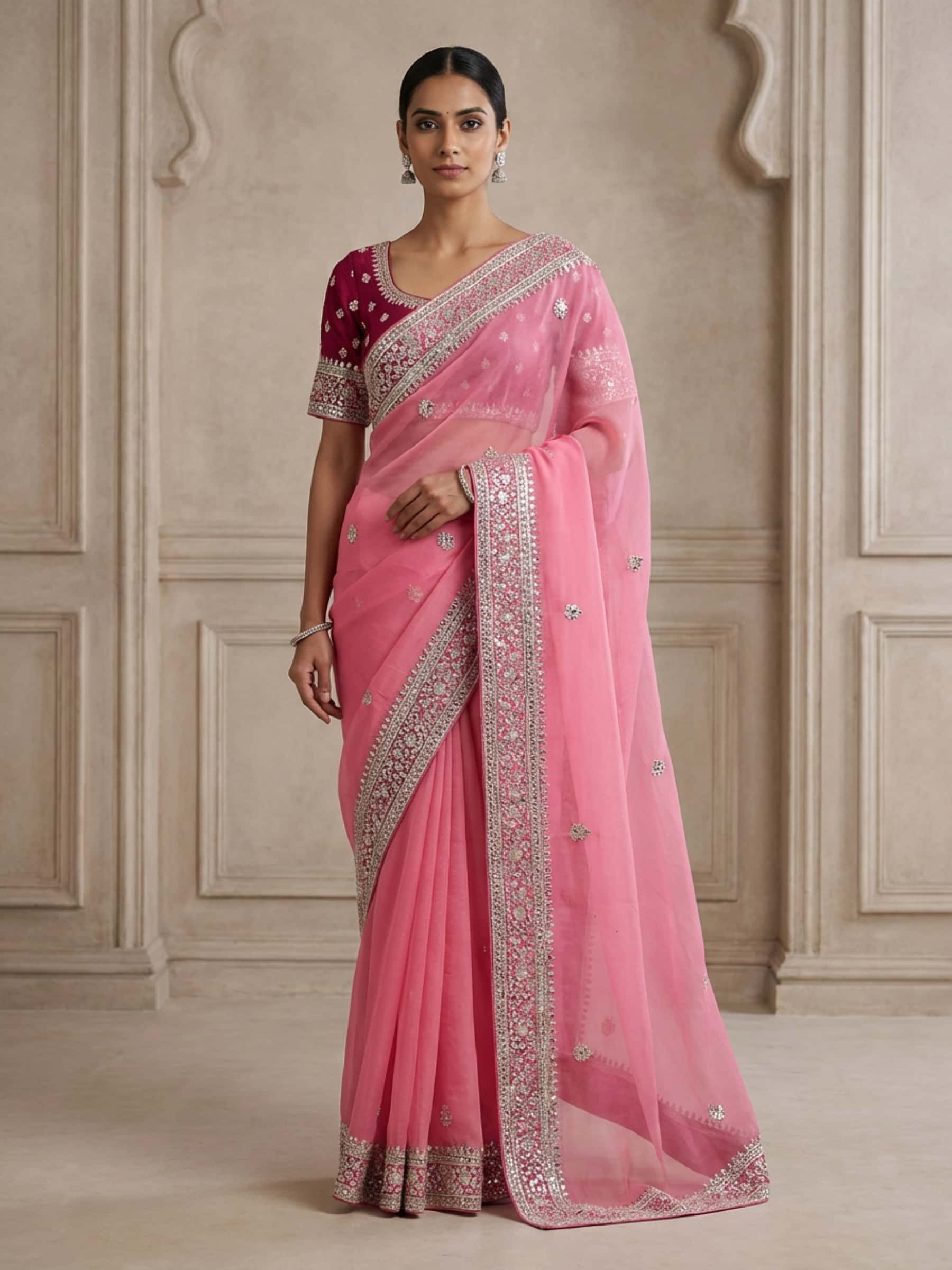 Pink Designer Gota and Kasab Hand Work Pure Georgette Saree