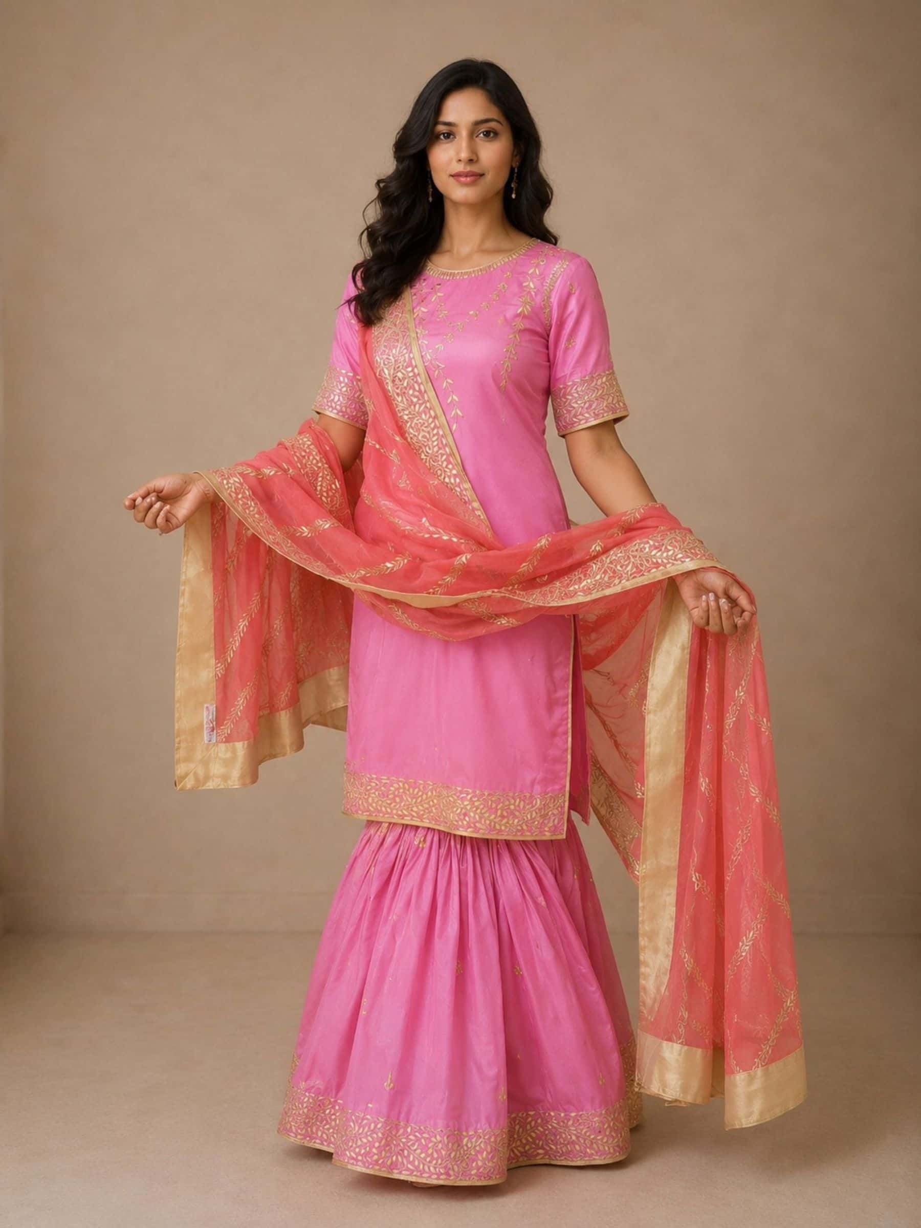 Pink Pure Silk Sharara Set in Fine Gota Patti Handwork