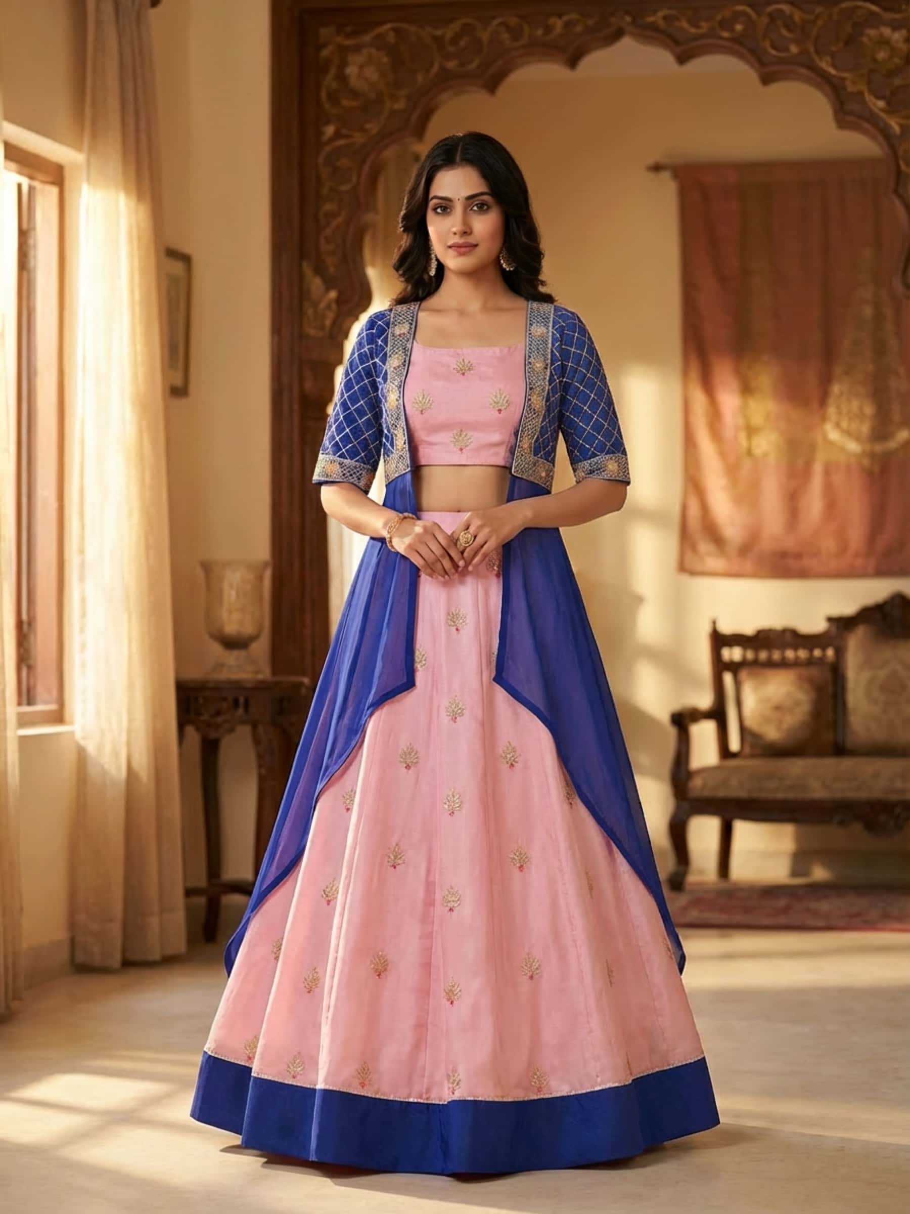 Pink Skirt Dress Set with Blue Jacket