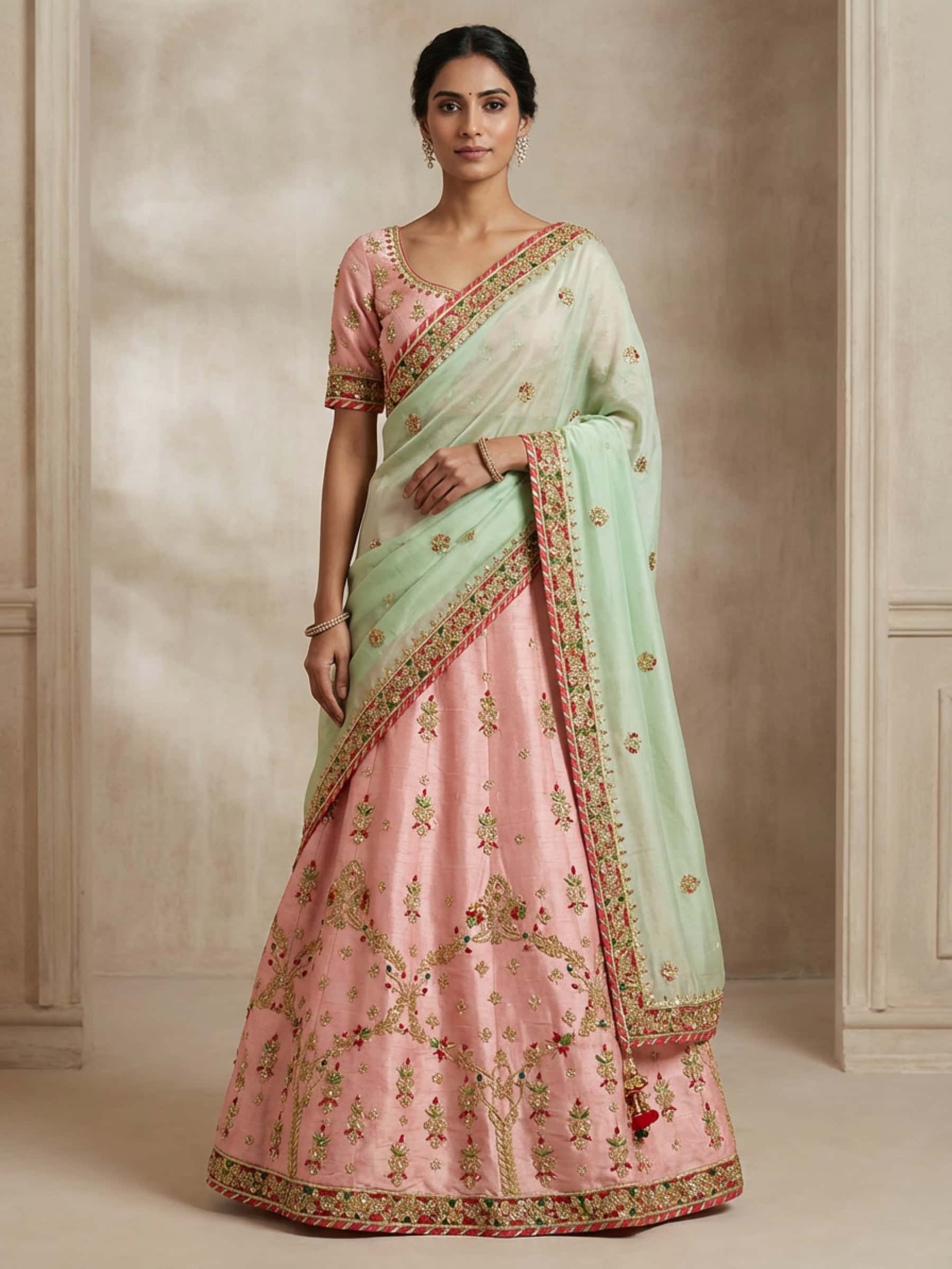 Pink and Pista Green Ribbon Gota Worked Lehenga Set - Image 1