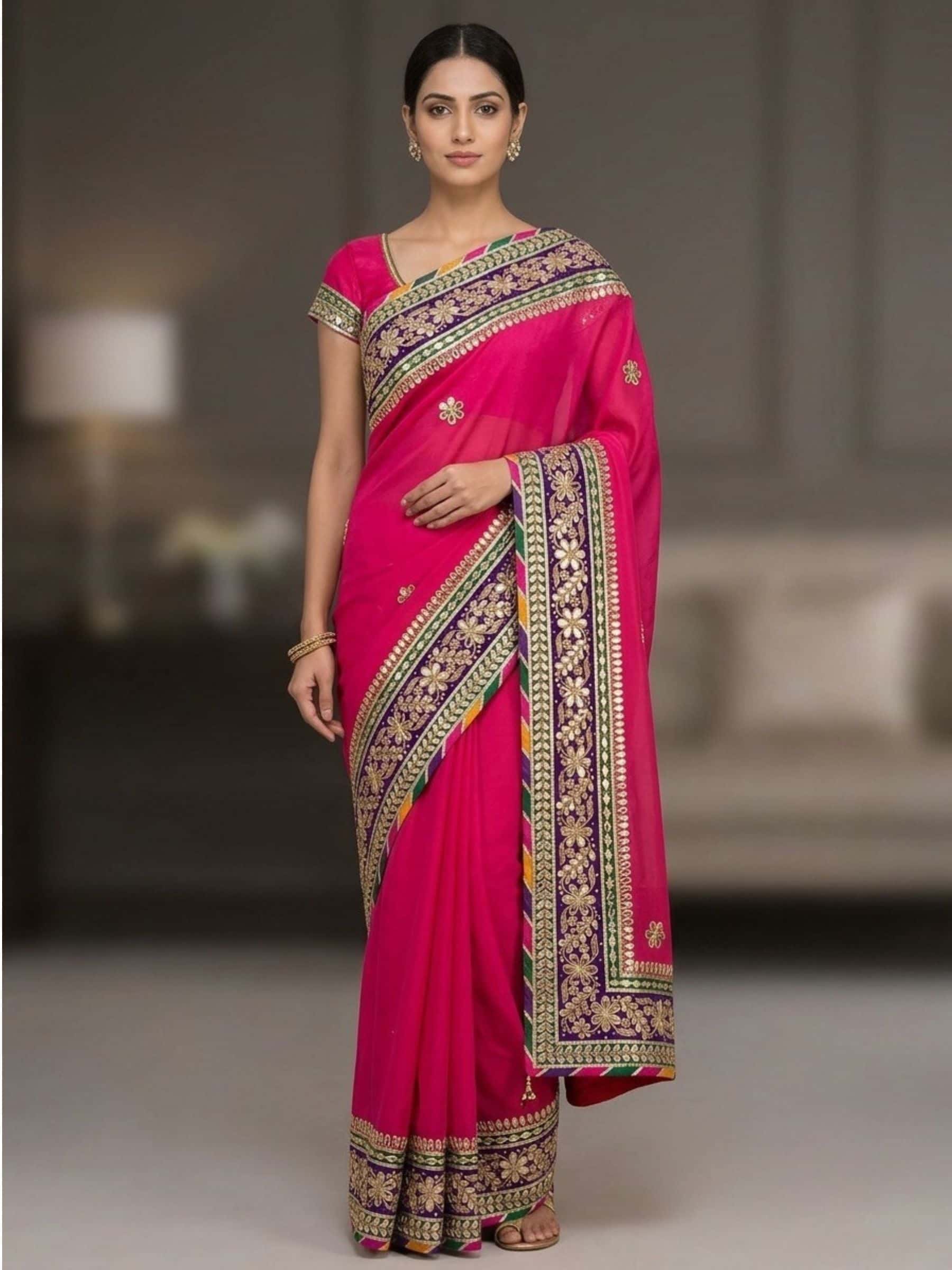 Pink and Red Bright Pure Georgette Saree - Image 1