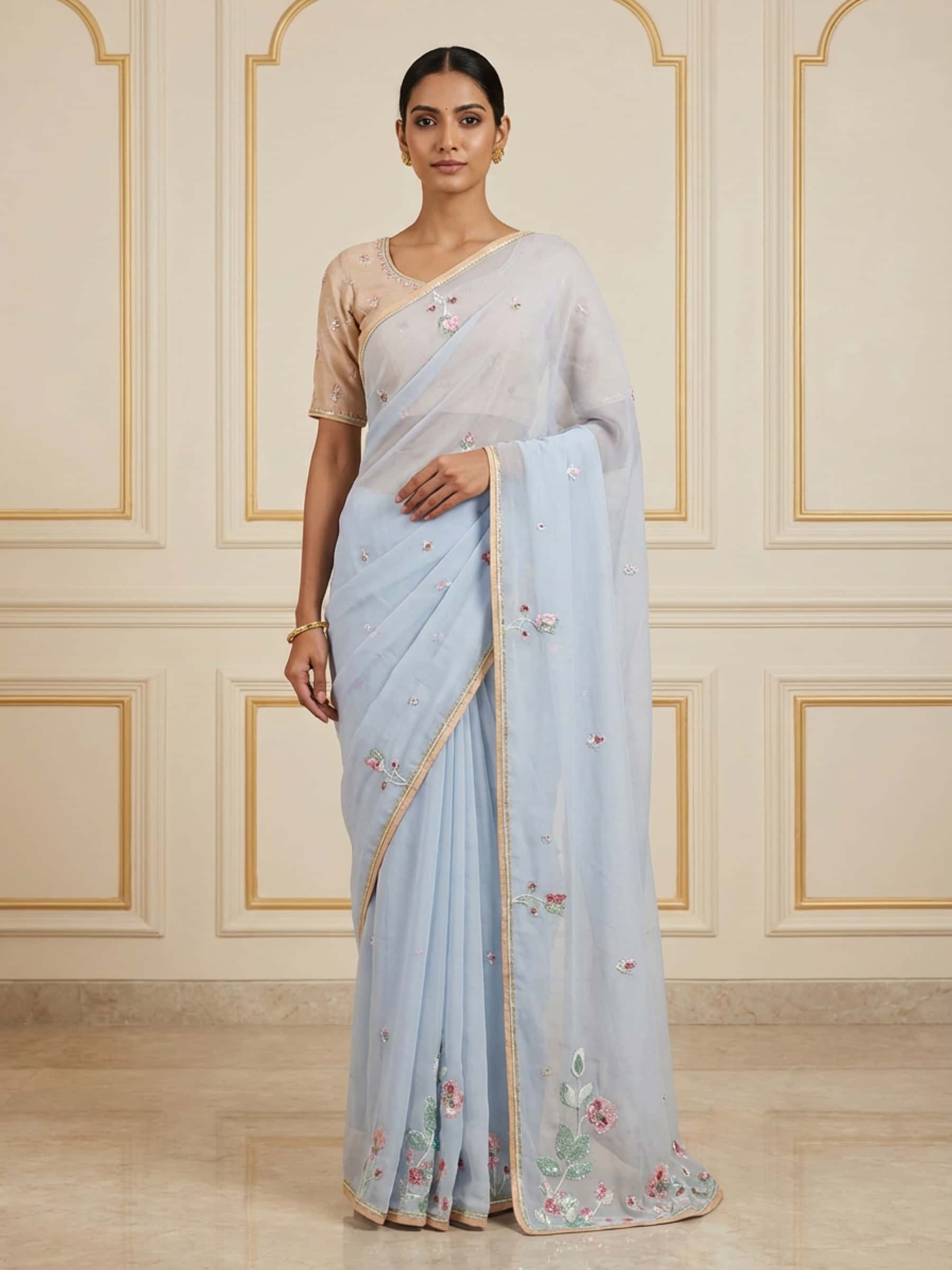 Powder Blue Georgette Saree with Colorful Sequin Handwork - Image 1