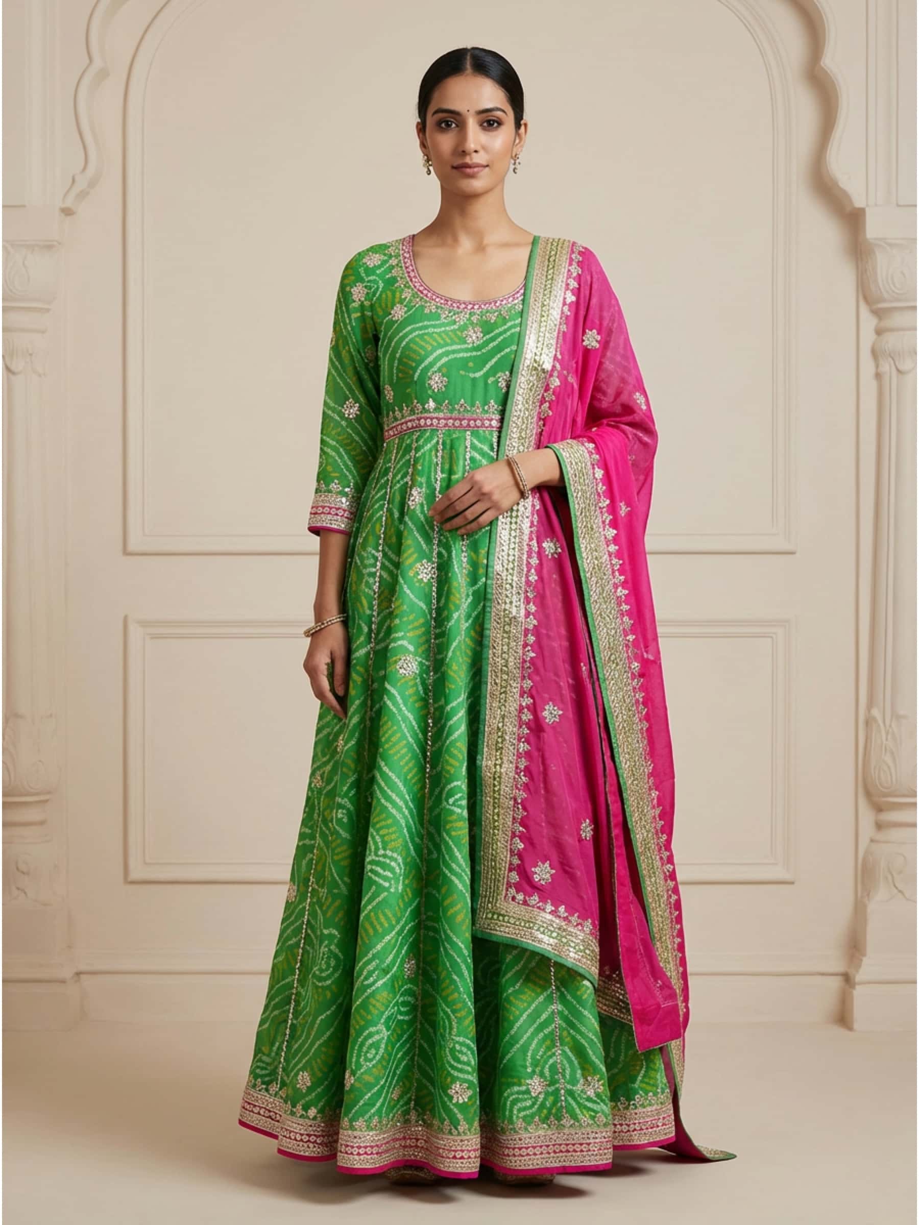 Pretty Green Bandhani Anarkali with Gota Danka Work - Image 1
