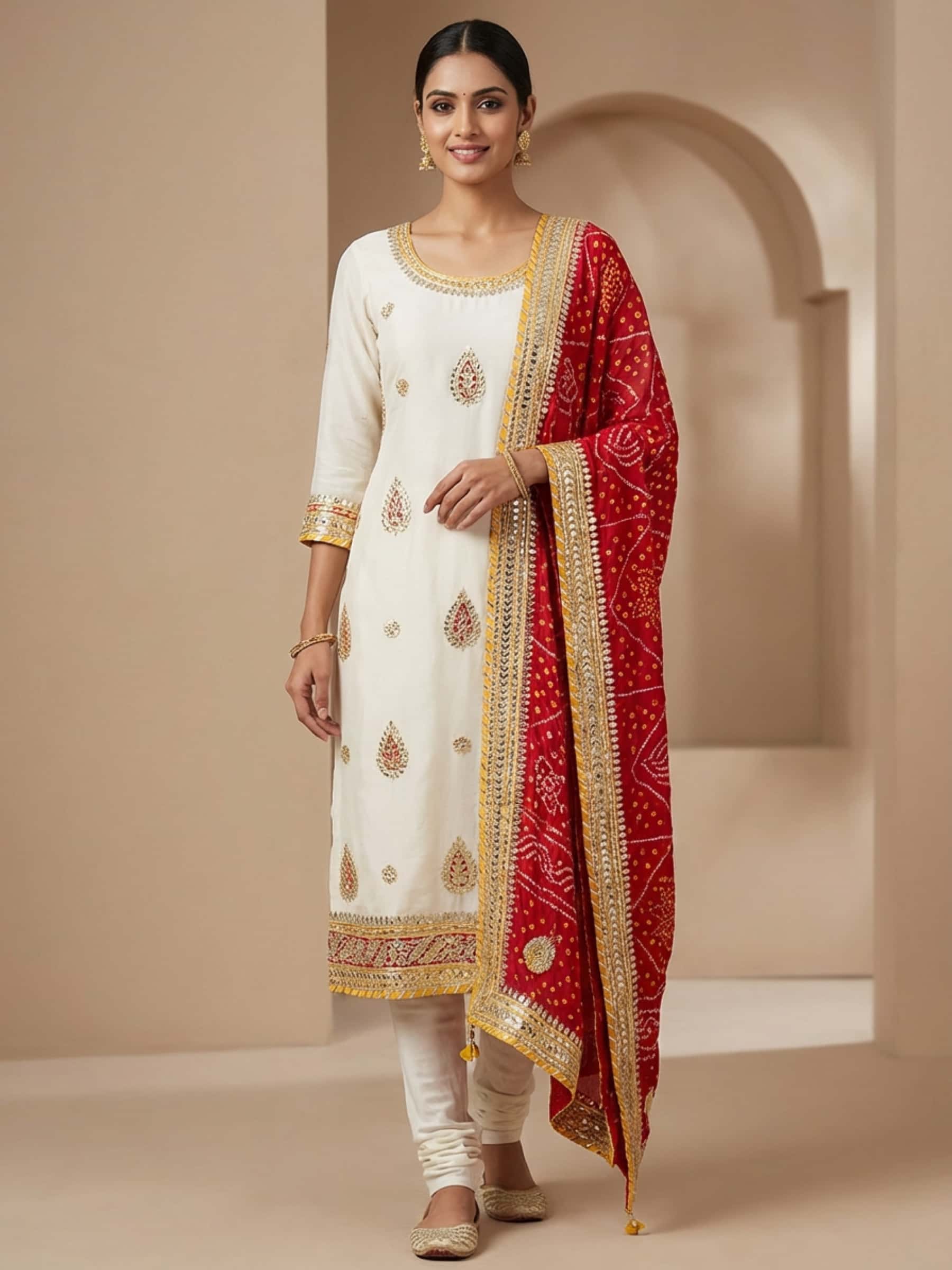 Pretty Light Beige Red Bandhani Salwar Suit