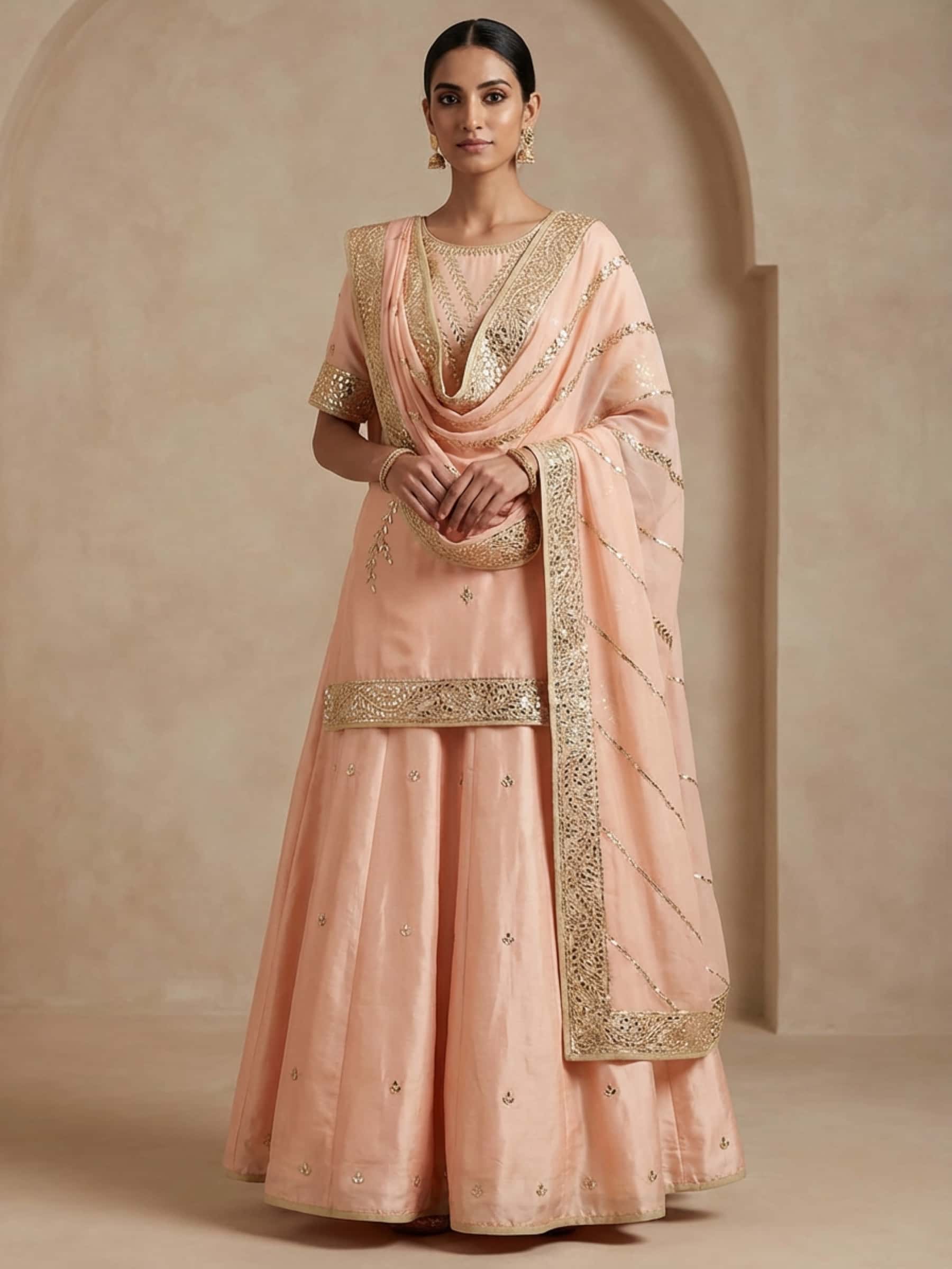 Pretty Peach Kurti Skirt Dress in Gota Handwork - Image 1