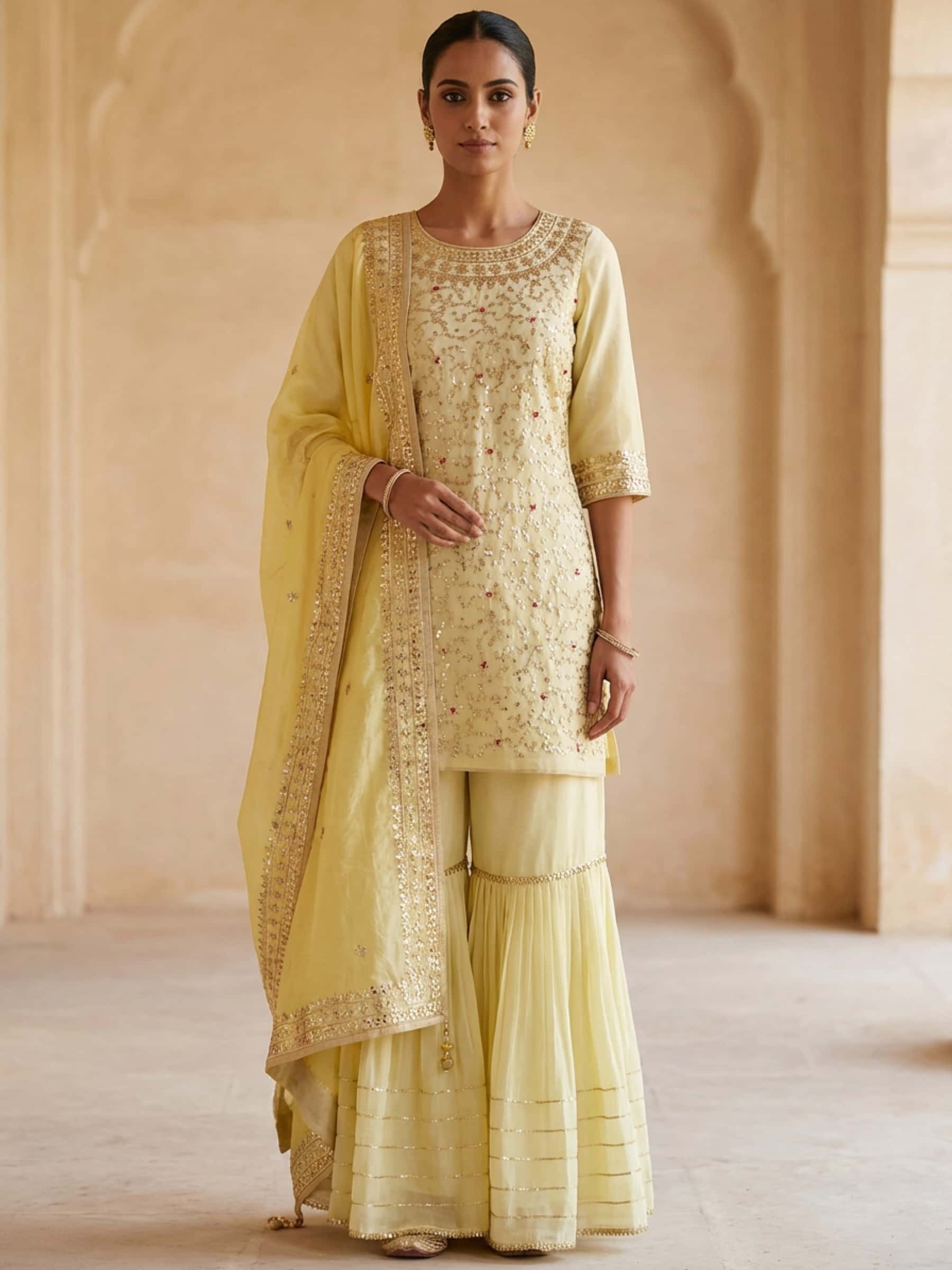 Pure Chanderi Silk Garara Suit Set in Fine Gota Patti Work - Image 1