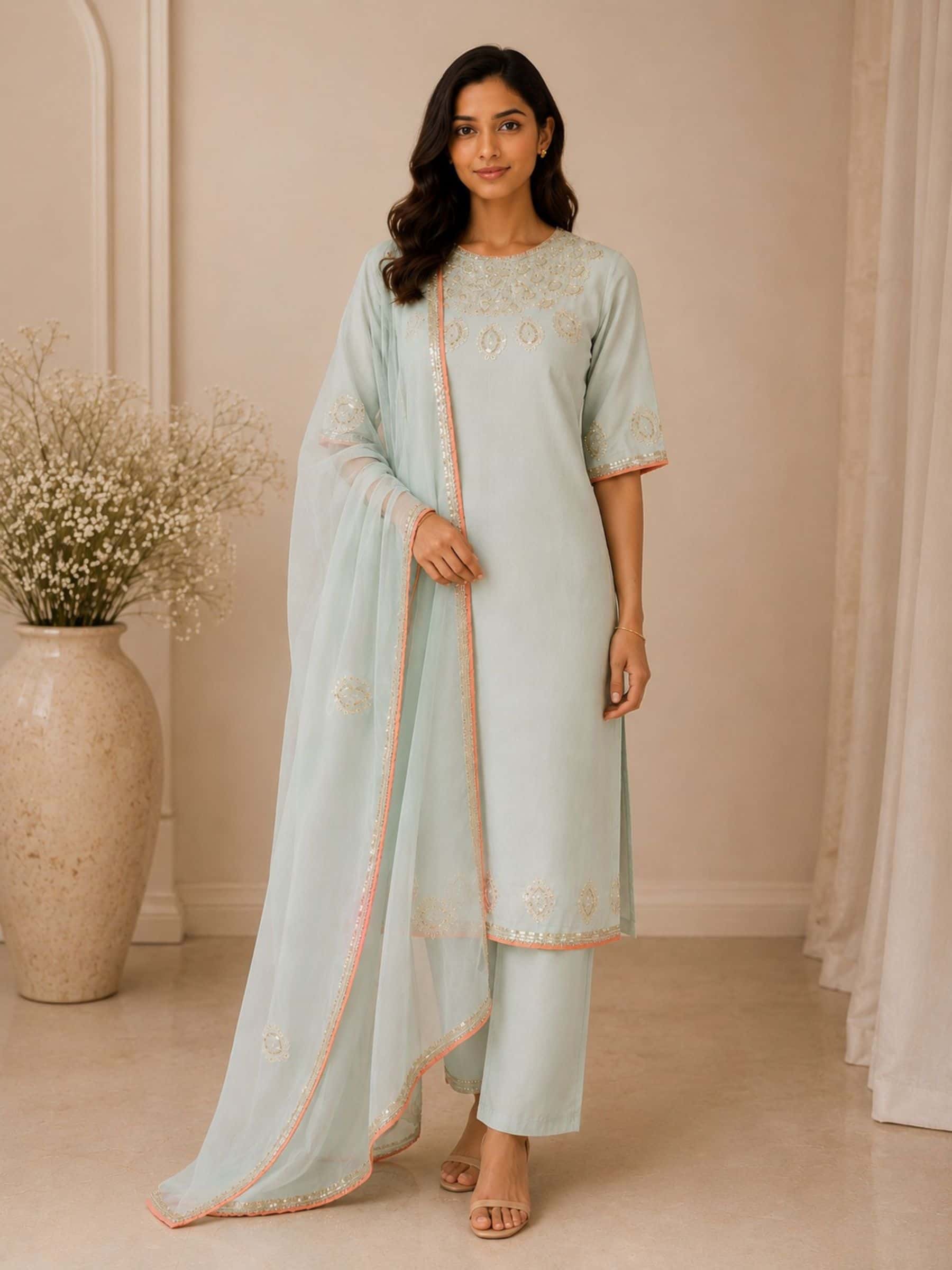 Pure Chanderi Silk Suit with Silk Pants - Image 1