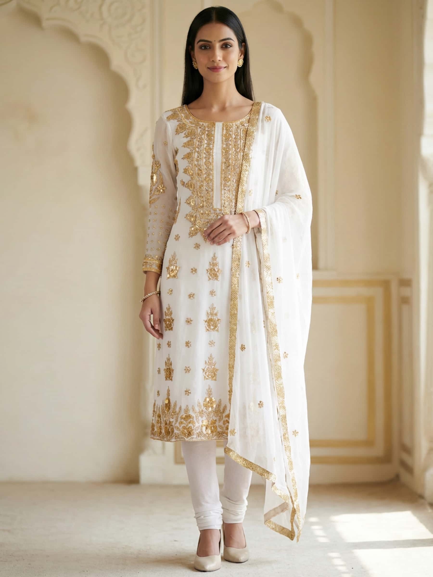Pure Crepe White Hand Cut Gota Salwar Suit - Image 1