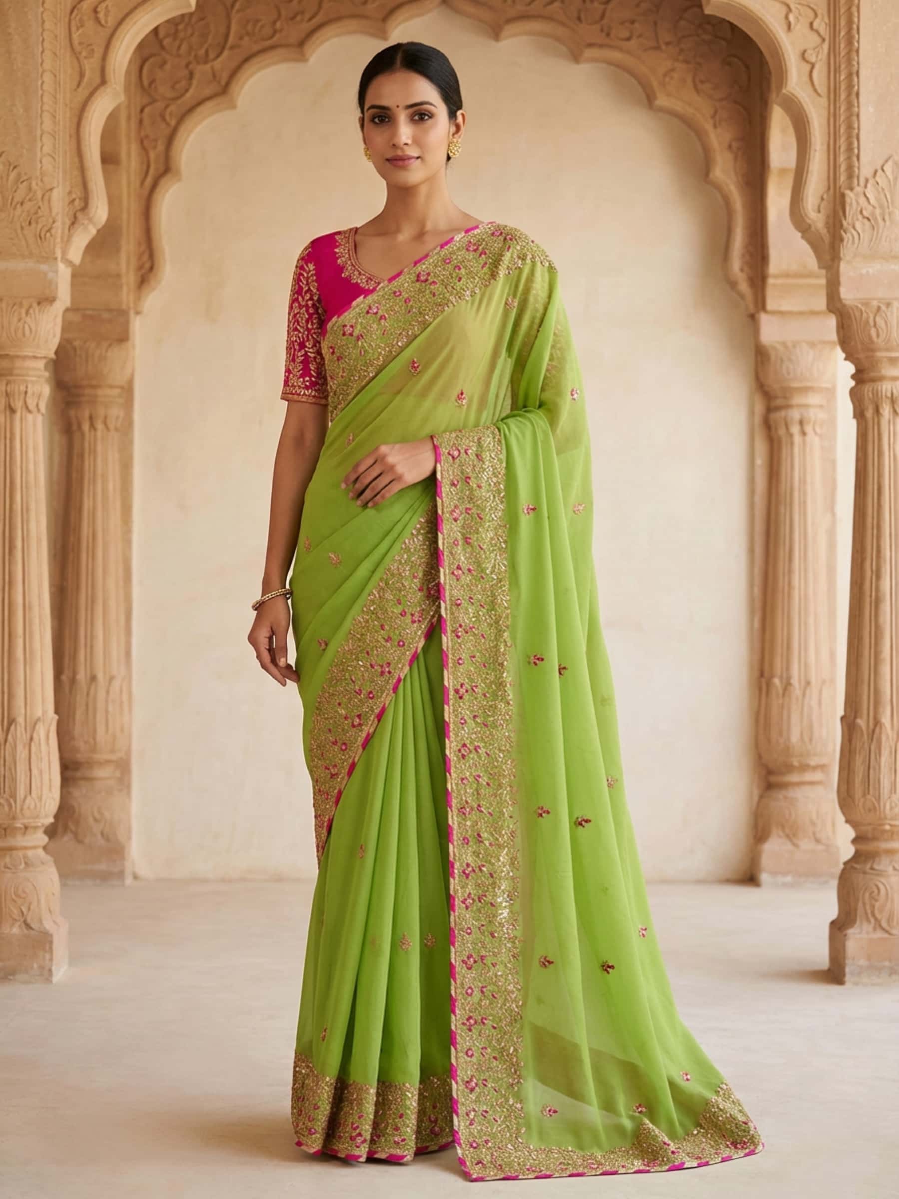 Pure Georgette Green Saree with Ribbon Work - Image 1