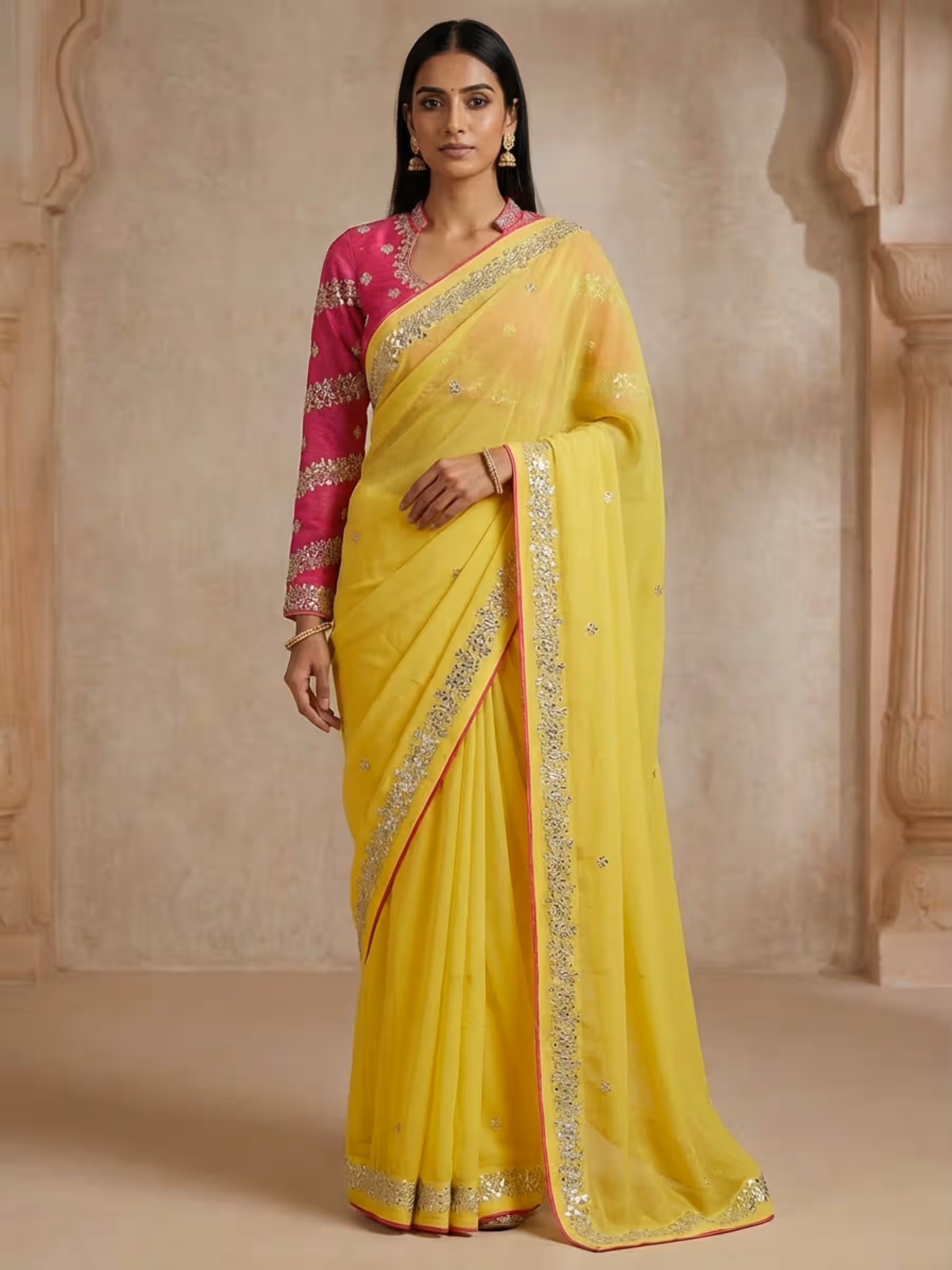 Pure Georgette Saree in Yellow with Hot Pink Full Sleeve Blouse - Image 1