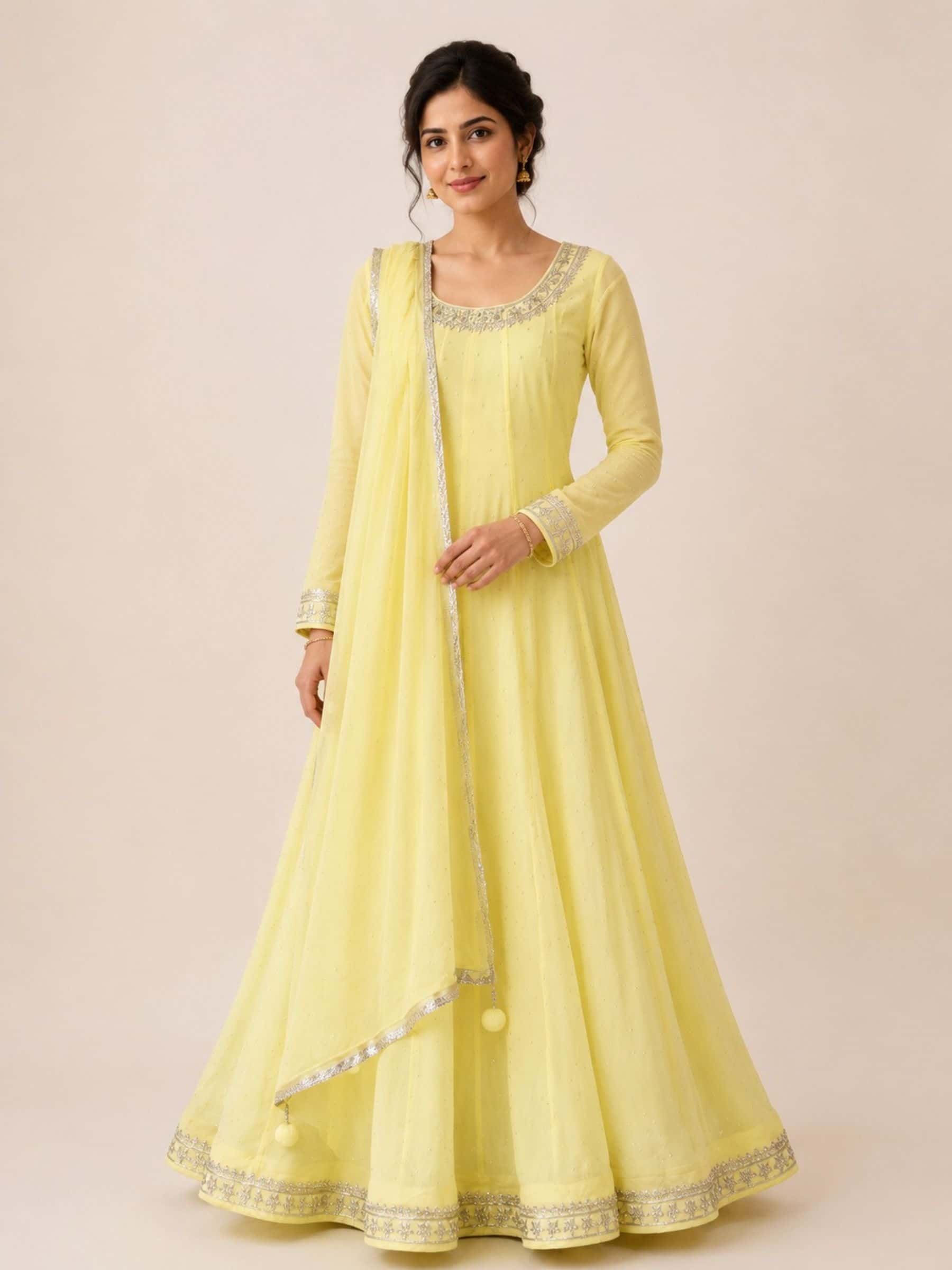 Pure Georgette Yellow A-Line Kalidar Dress Set - Image 1