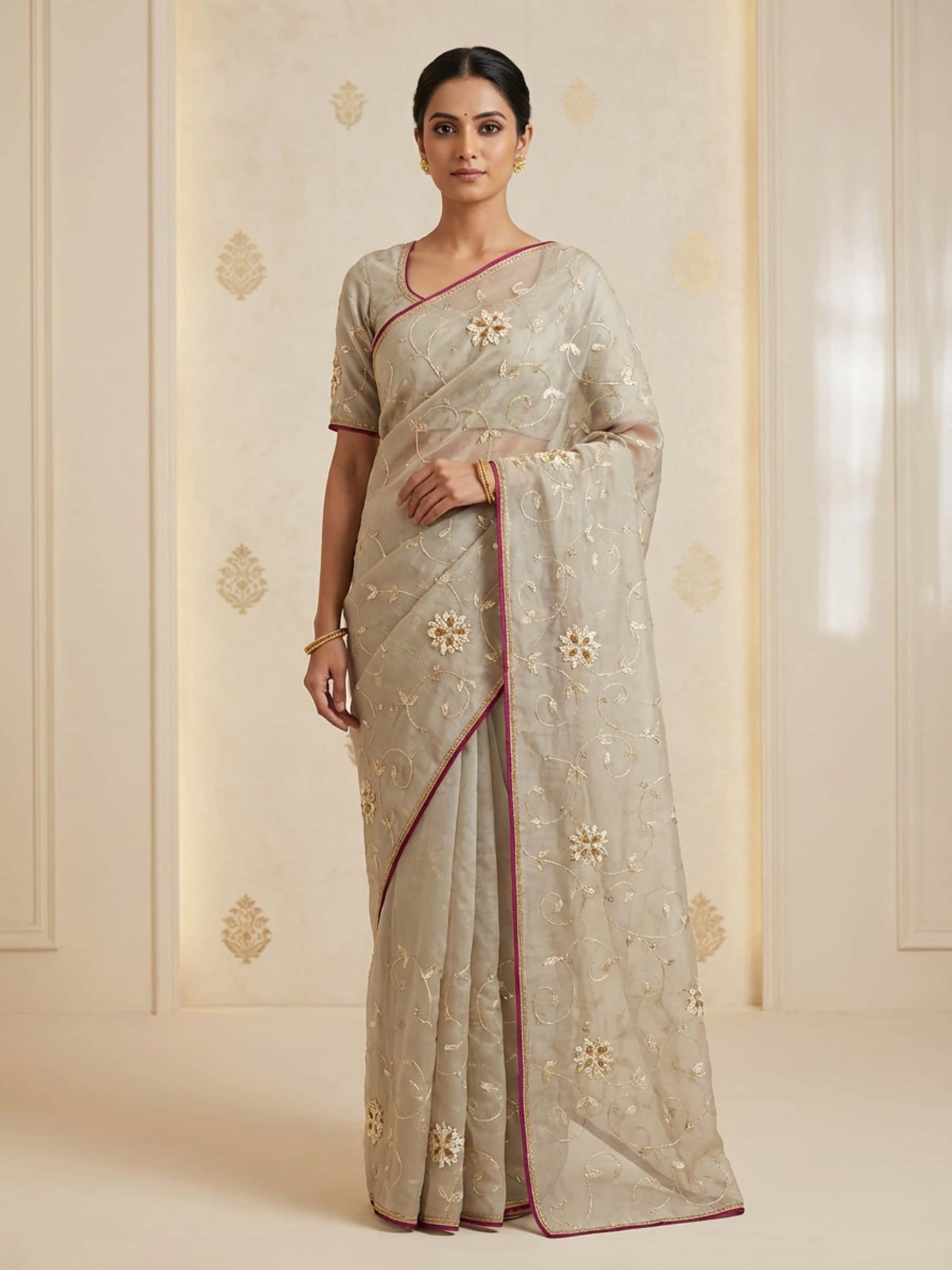 Pure Organza Aari Handworked Fine Jaal Saree - Image 1