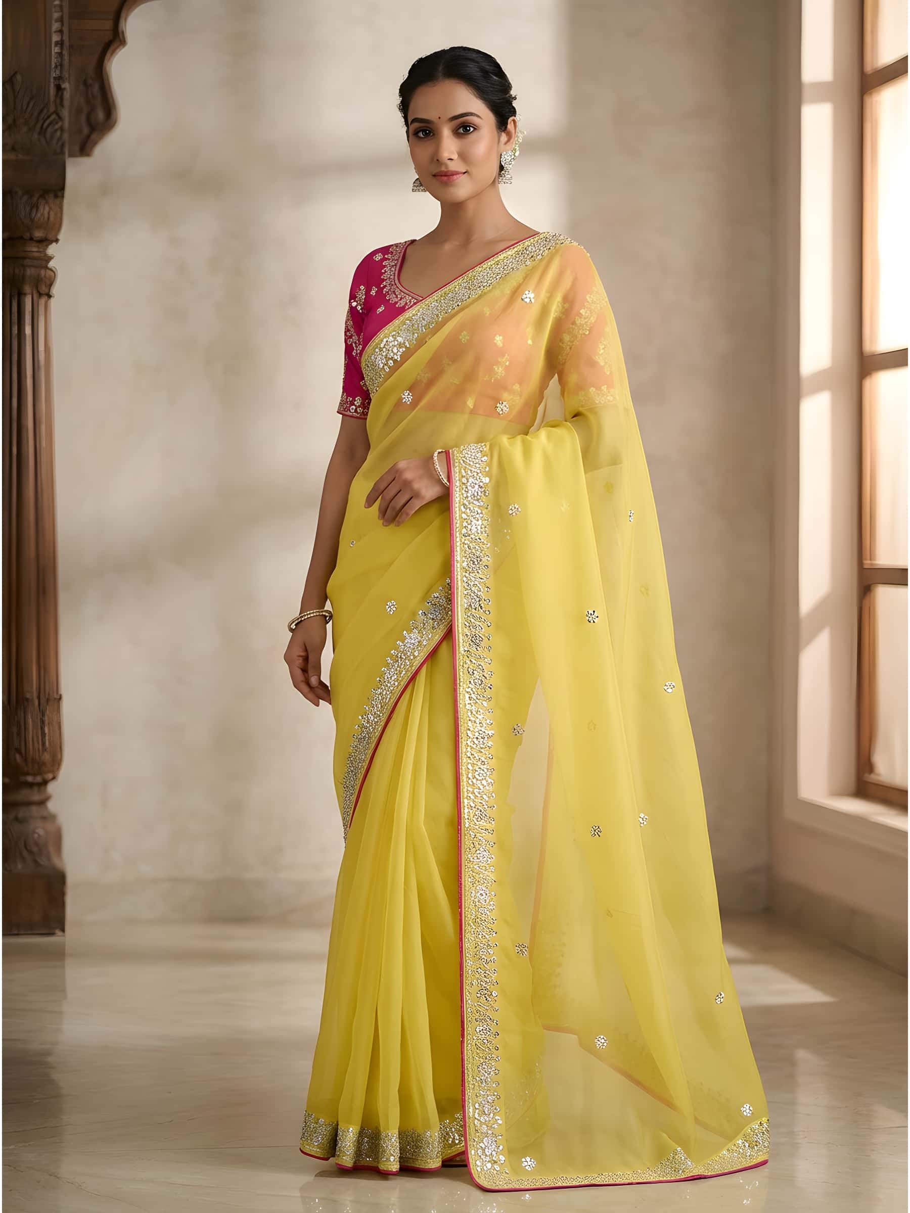 Pure Organza Saree in Yellow with Hot Pink Blouse - Image 1