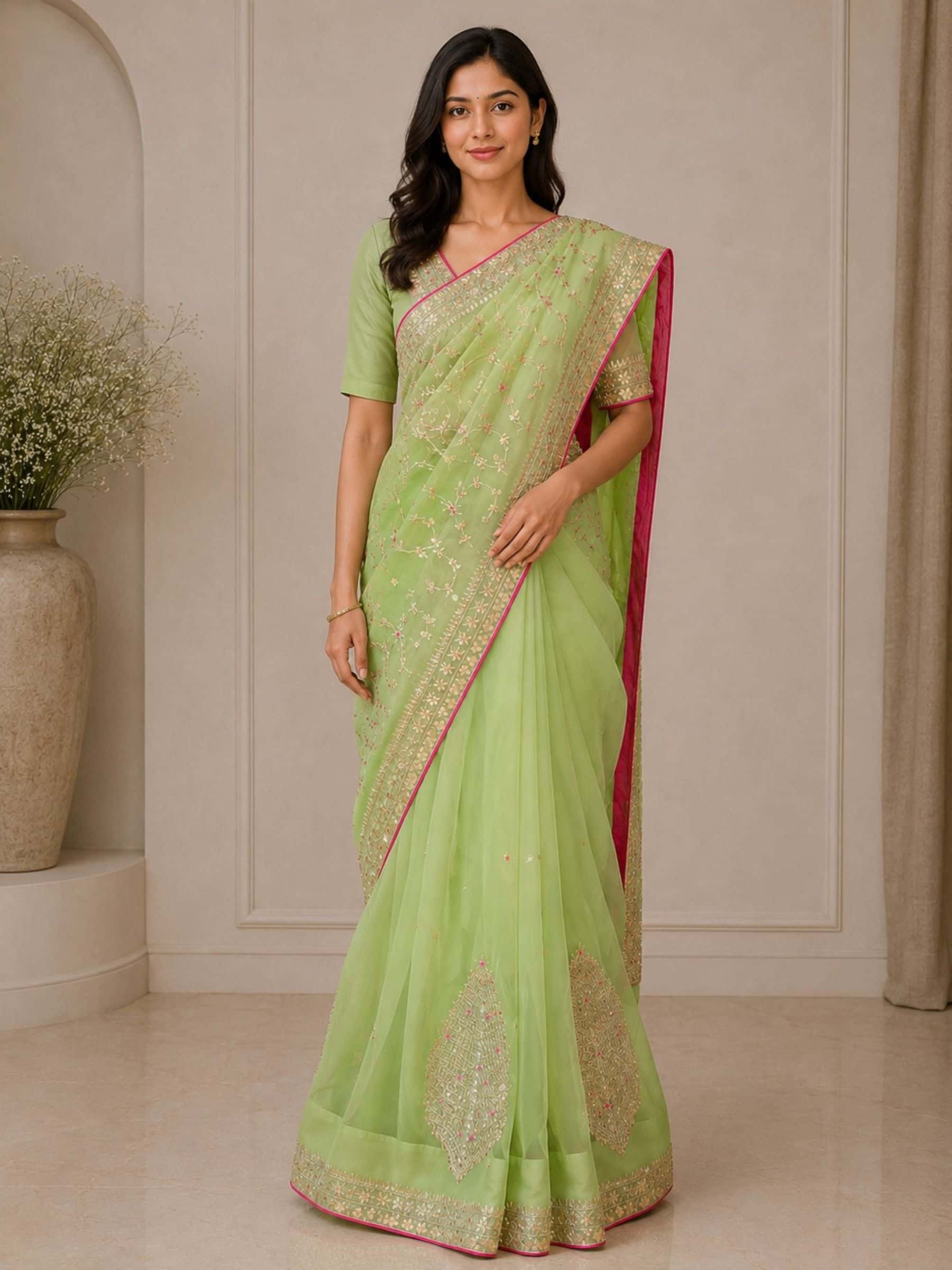 Pure Organza saree in gracious green color - Image 1