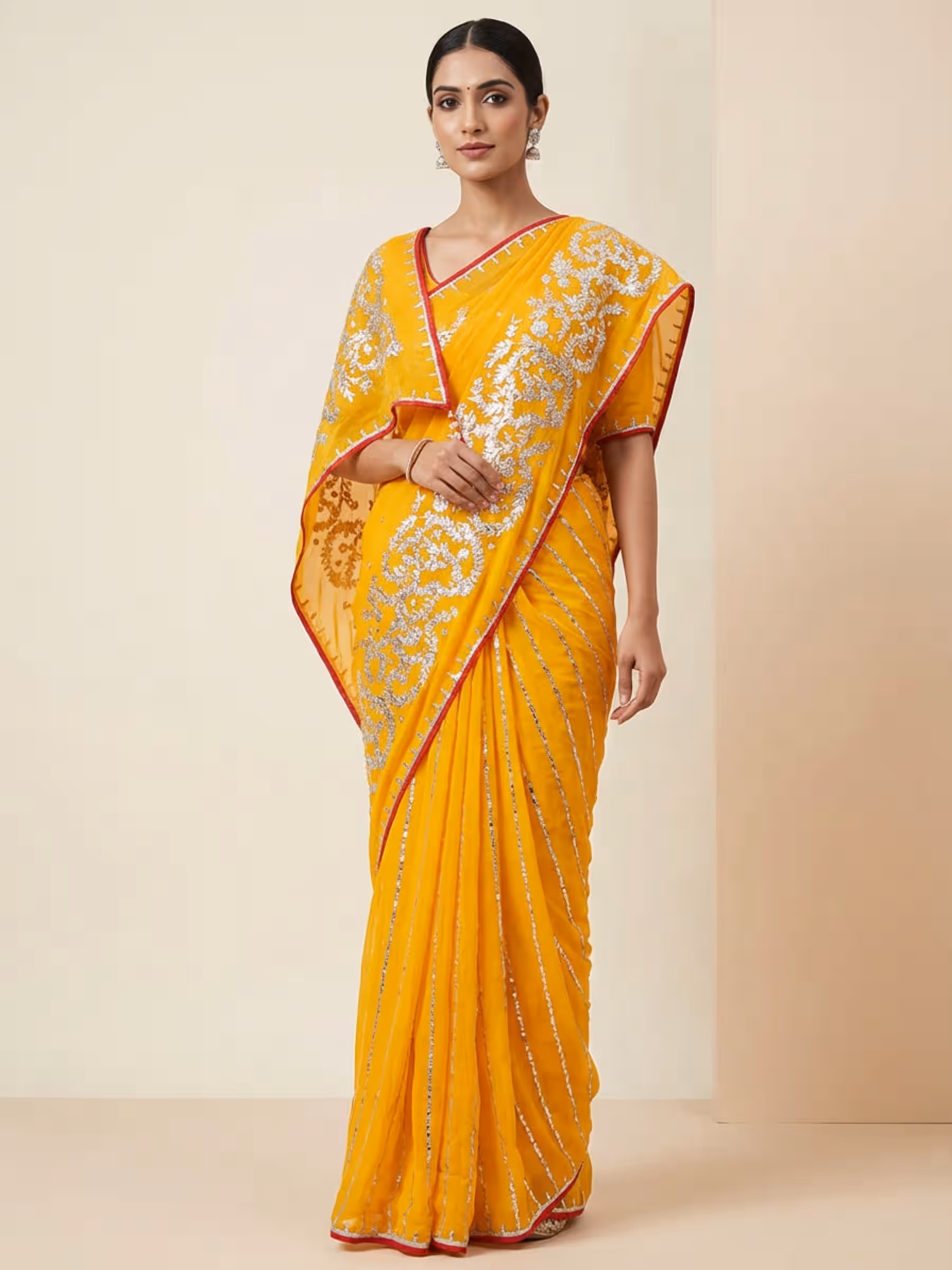 Pure Platinum Chiffon Saree with Red Bandhani Blouse