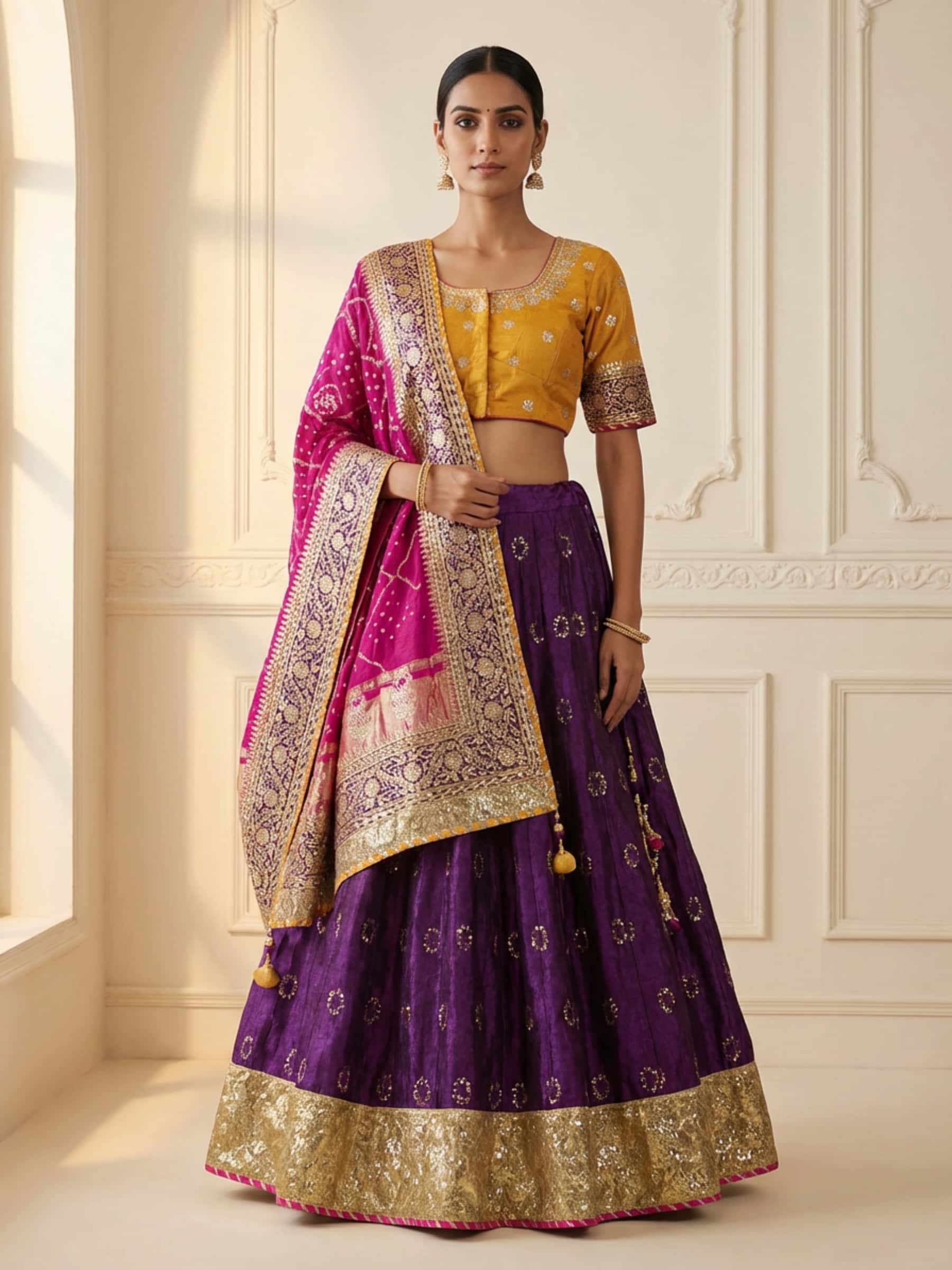 Pure Silk Lehenga Set with Gota Handwork Gharchola Dupatta with fine aari and tikki work - Image 1