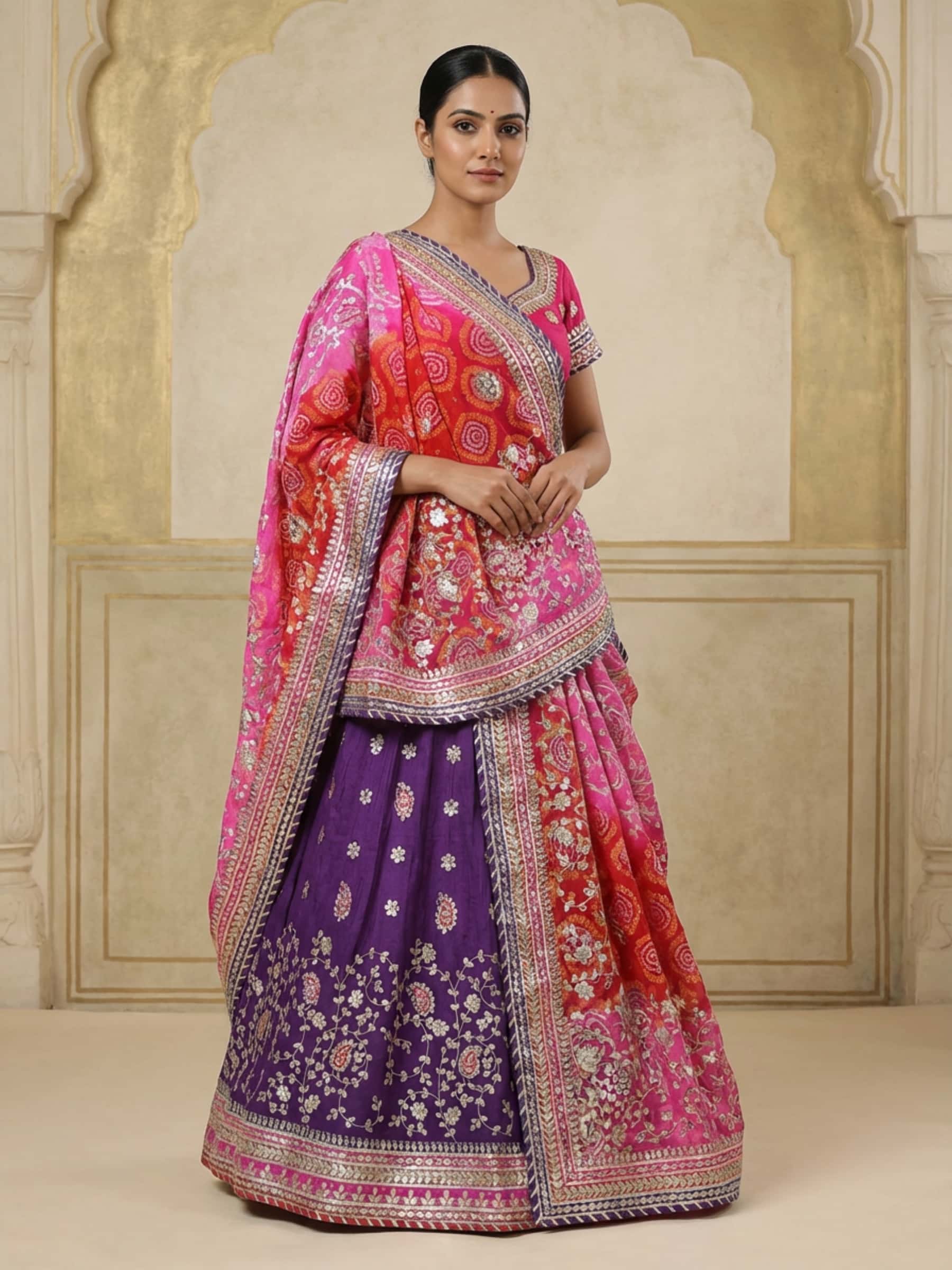 Purple Lehenga with Red Pink Bandhani Chunni - Image 1