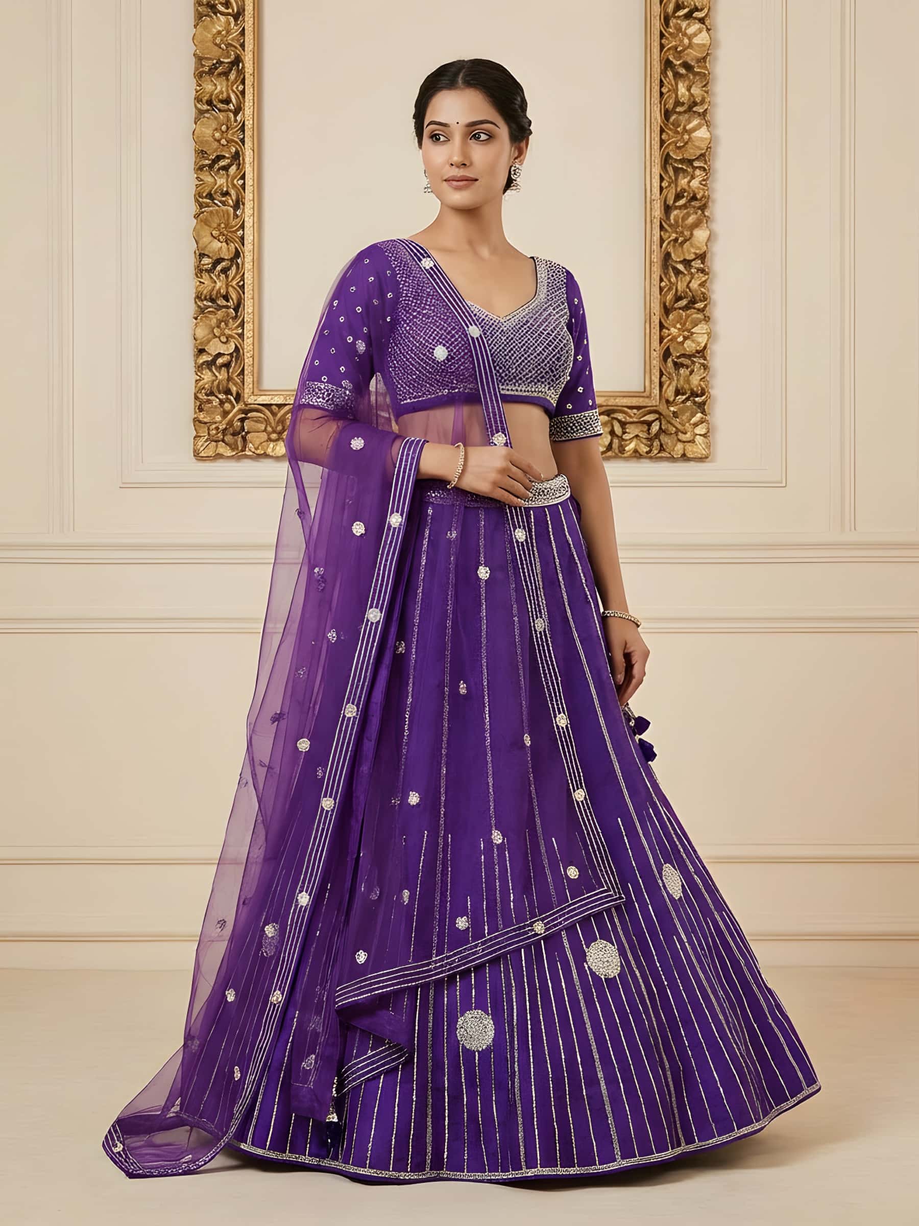 Purple Silk Fish Cut Lehenga with Floral Motifs - Image 1