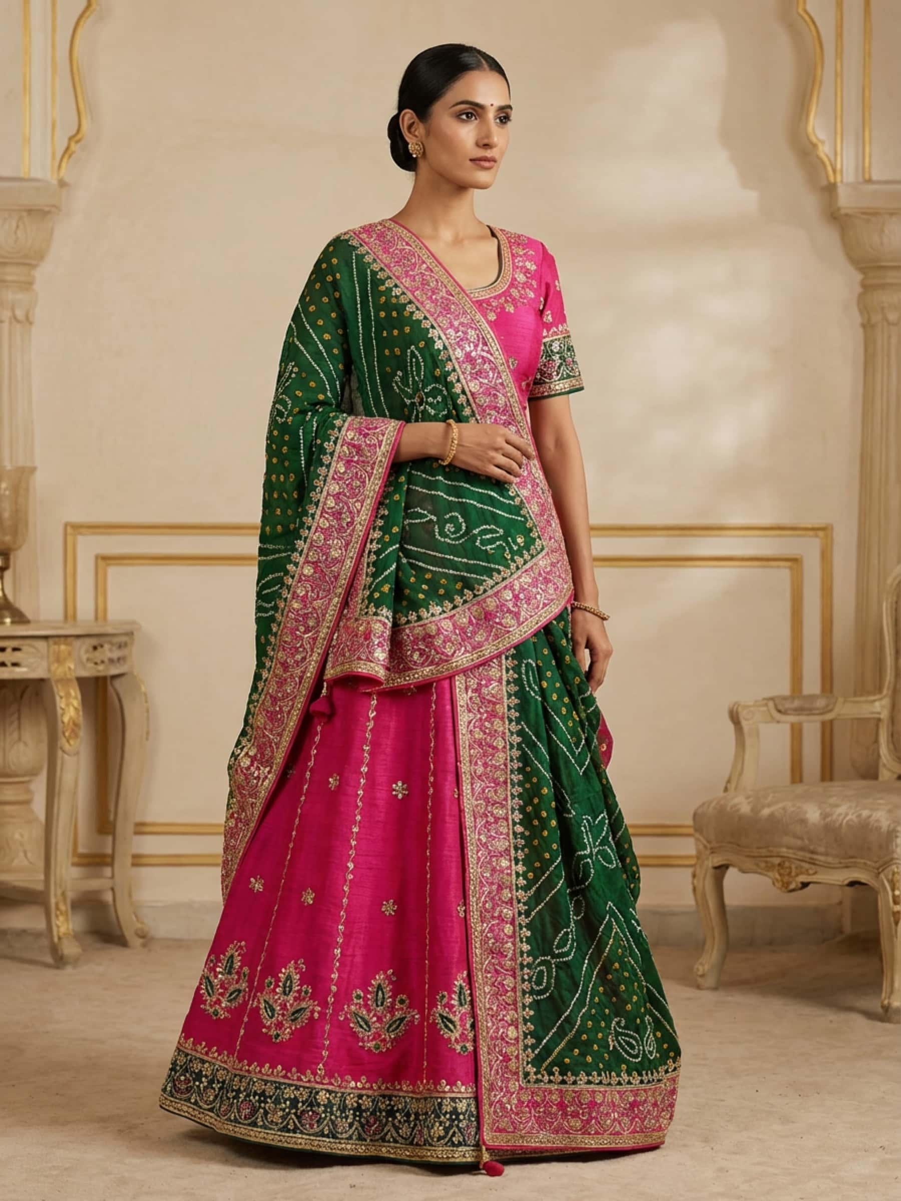 Radiant Pink & Green Bandhani Lehenga Set - Image 1