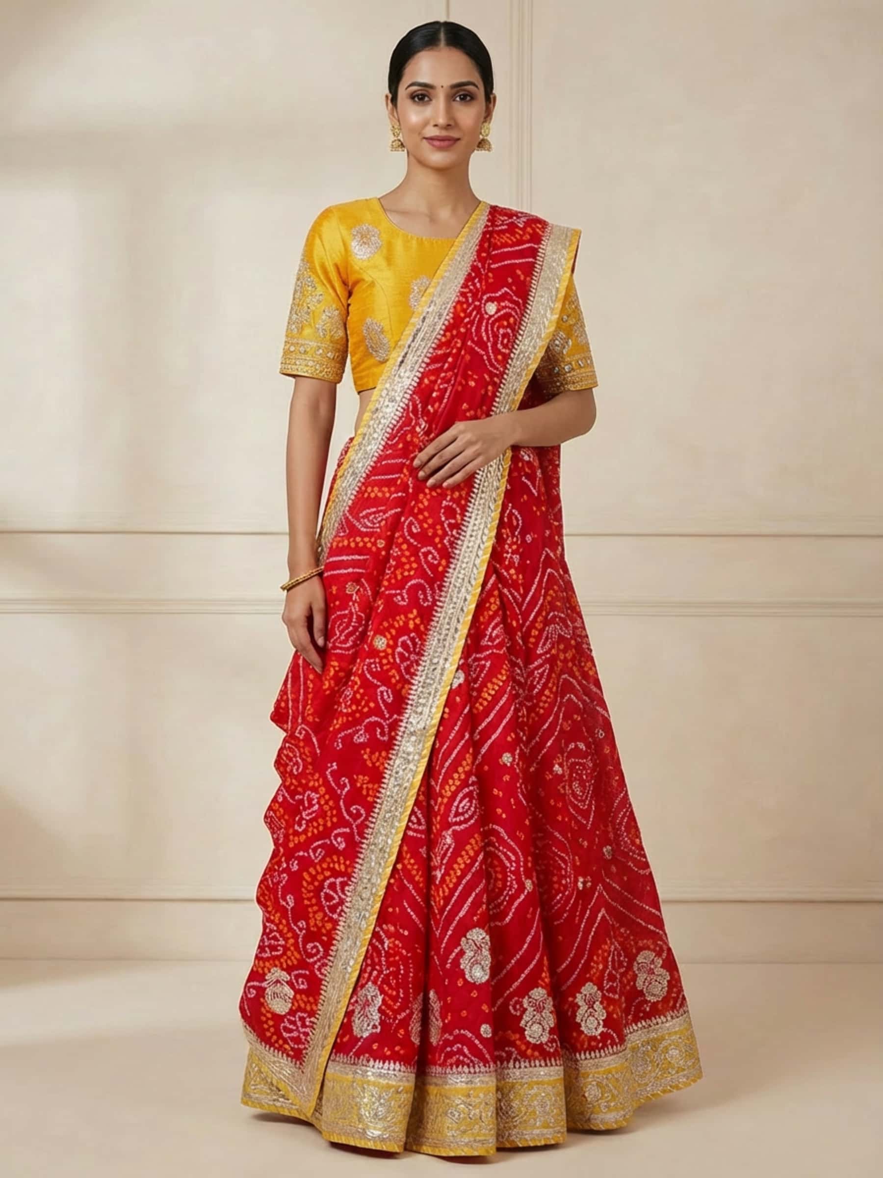 Radiant Red Bandhani Lehenga in Gota Patti