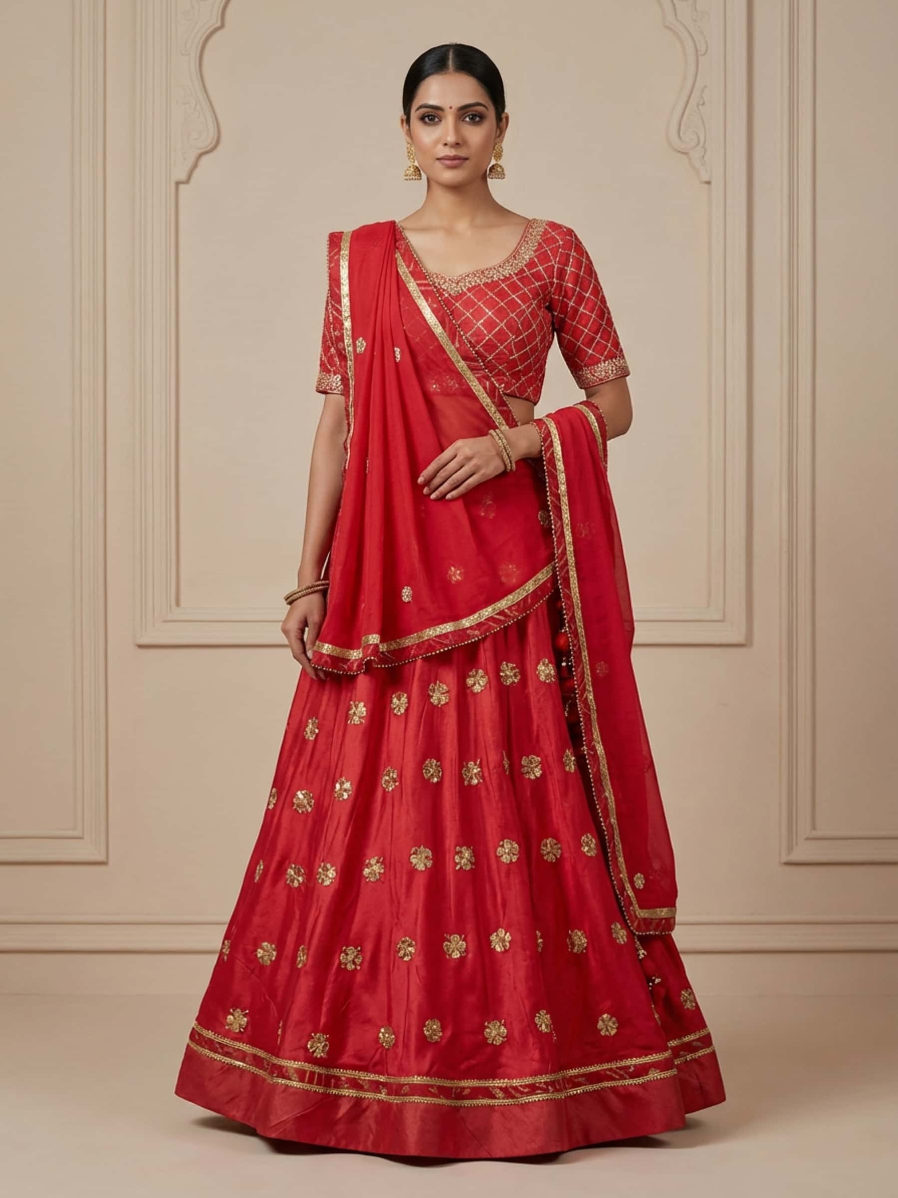 Radiant Red Pure Satin Gota Handworked Lehenga - Image 1