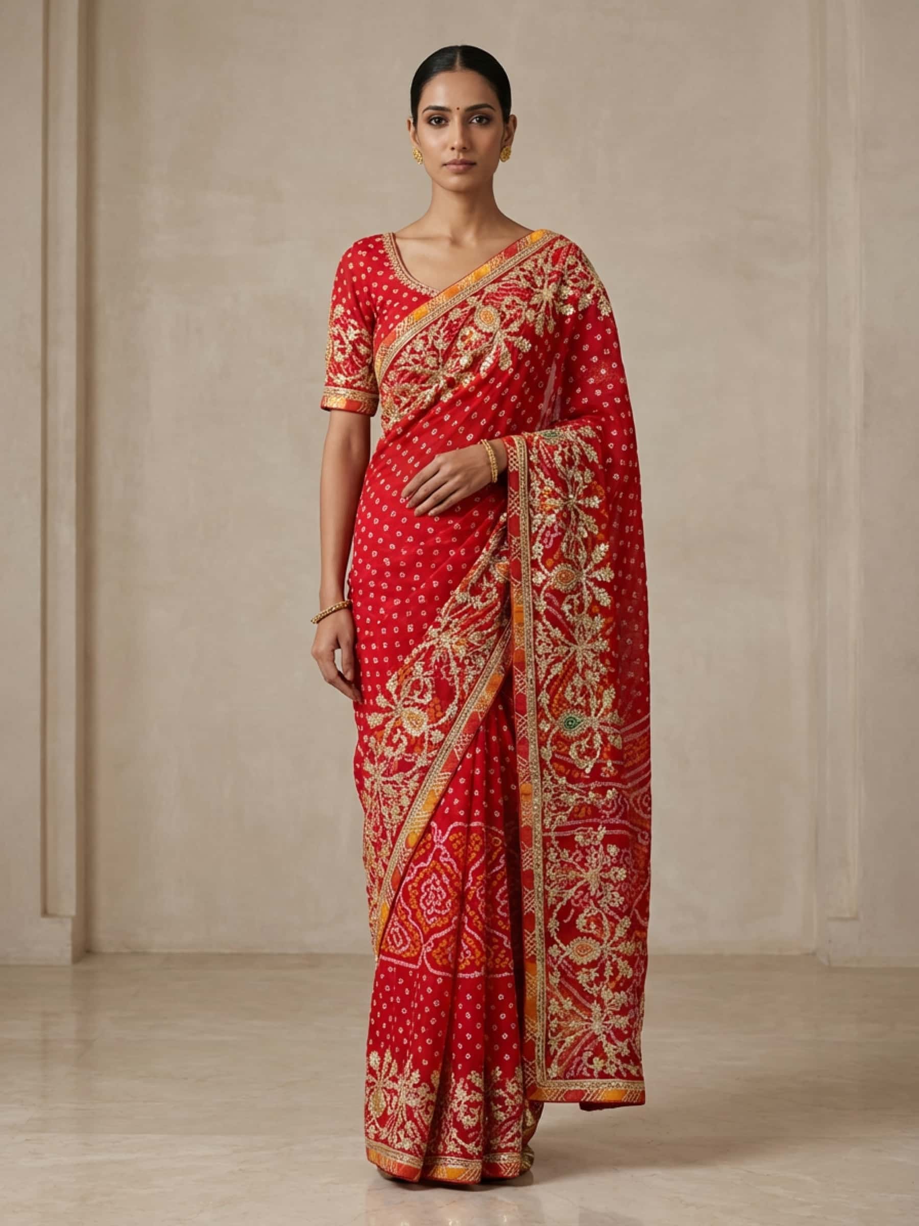 Red Bandhani Saree with Jaal Border Designer Work