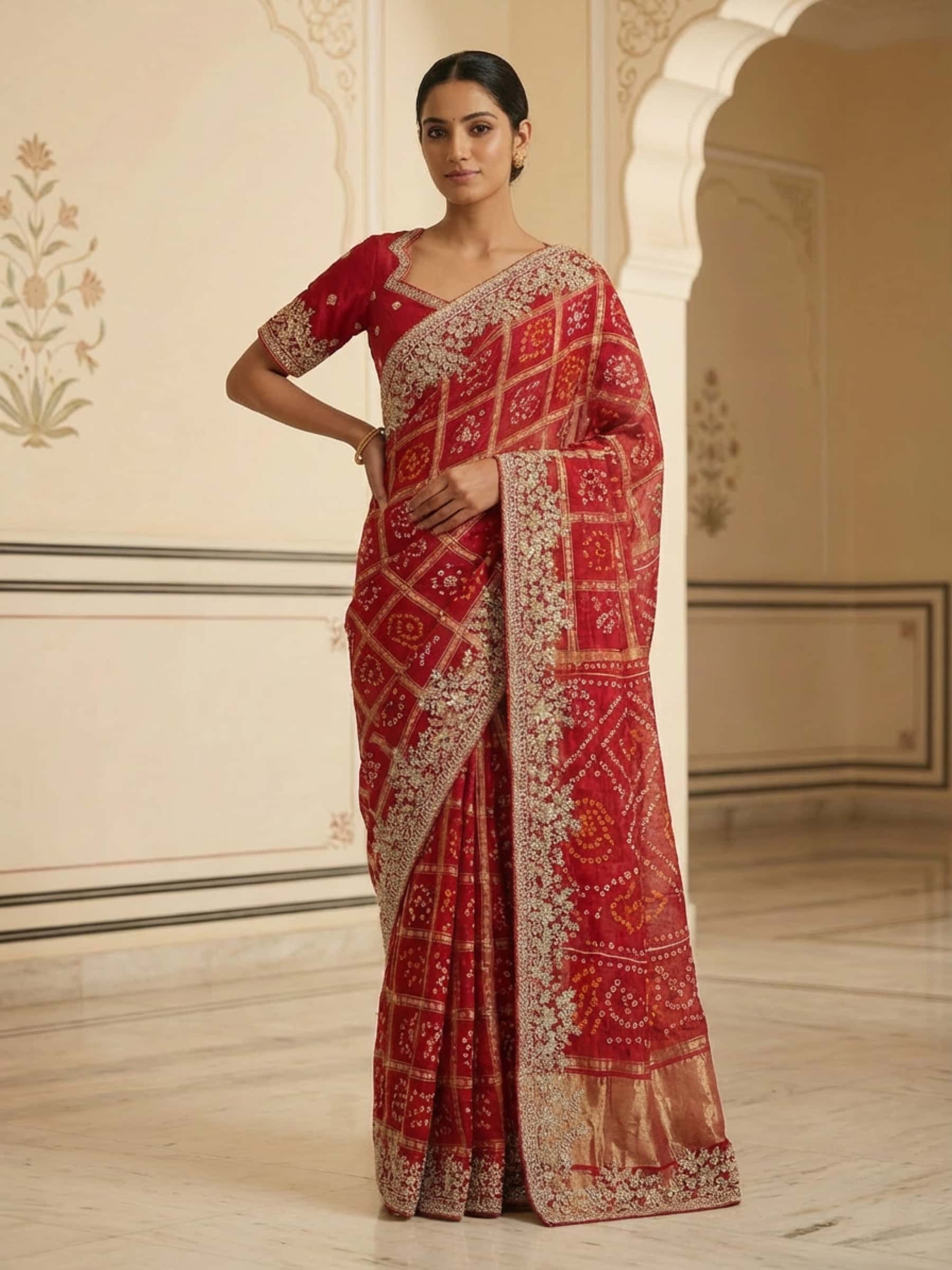 Red Gajji Silk Gharchola Saree in Gota Pearl Handwork - Image 1