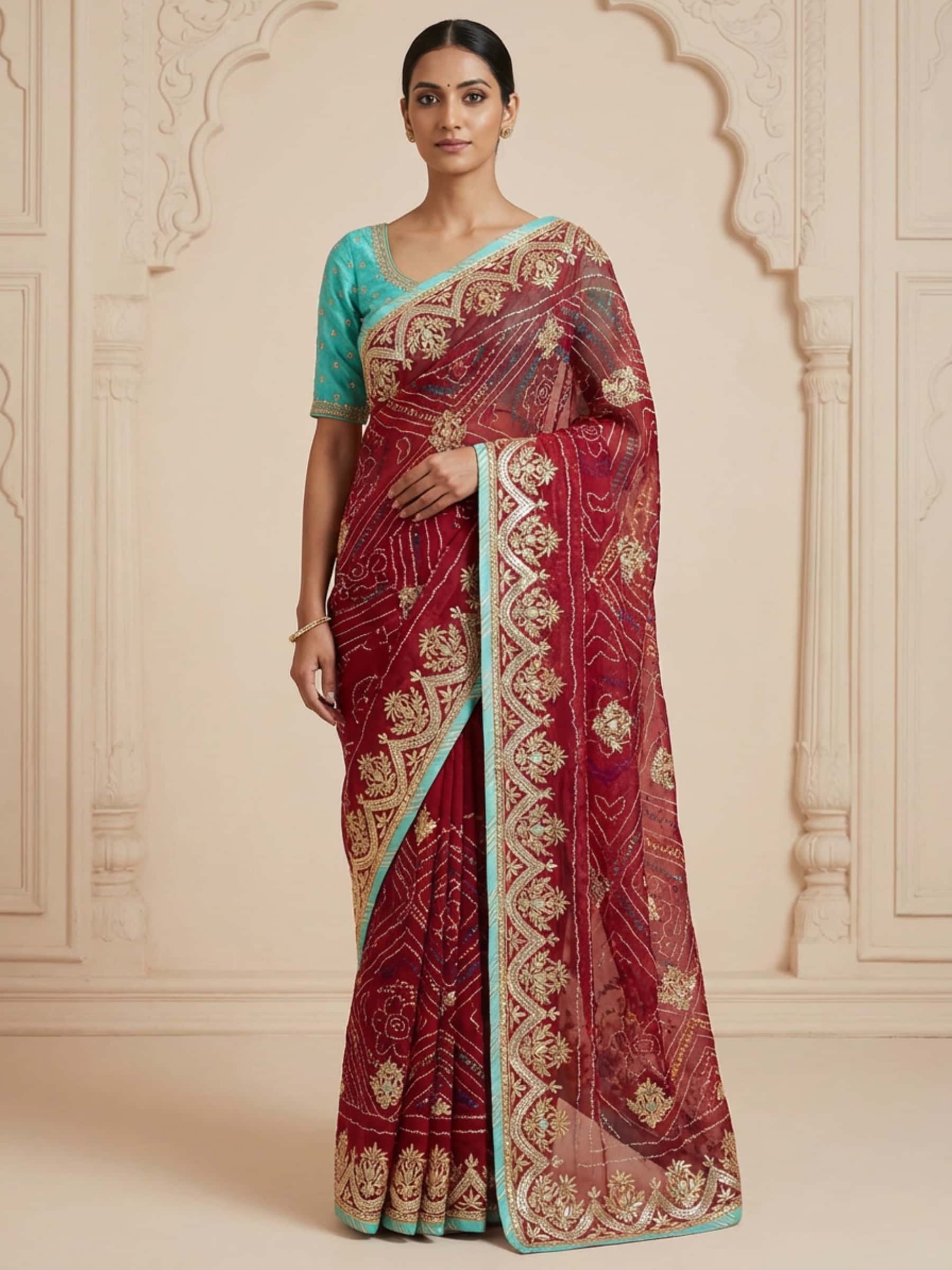 Red Pure Georgette Bandhej Saree with Zero Gota and Resham Work - Image 1