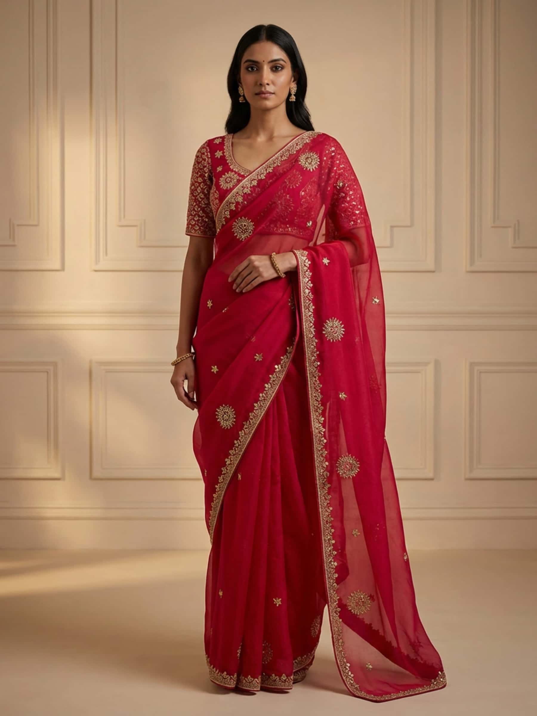 Red Pure Georgette Saree in Marodi Gota Handwork - Image 1