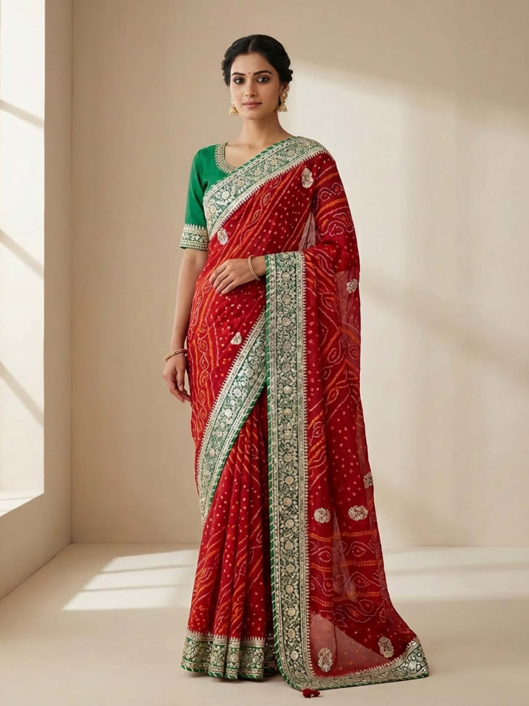 Red Rai Bandhej Saree in Fine Gota Work Design - Image 1