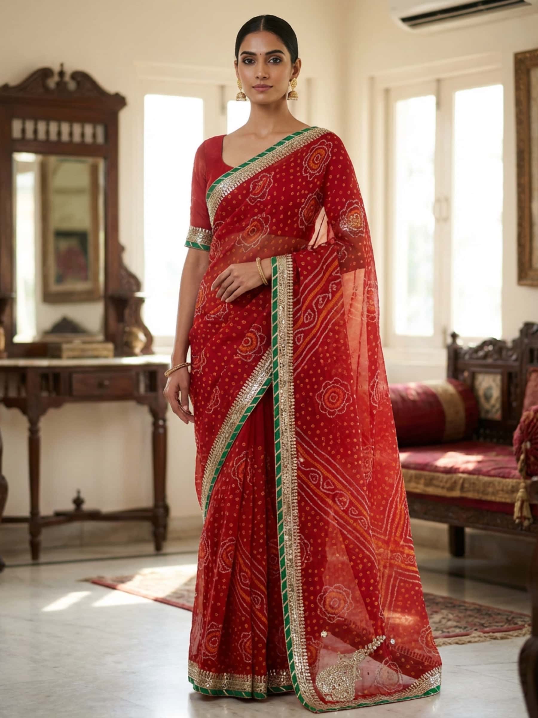 Red Rai Bandhej Saree with Beautiful Butta - Image 1