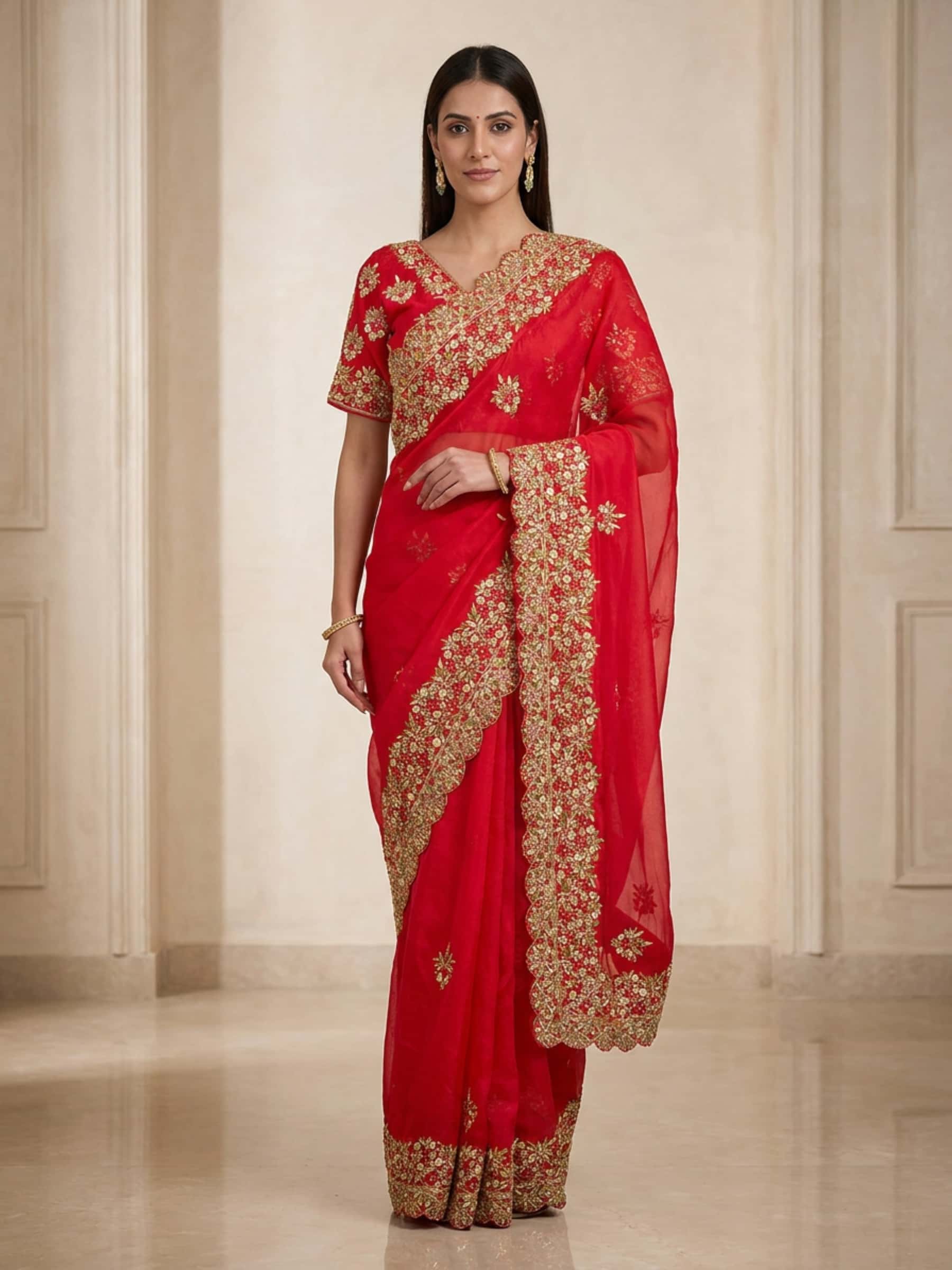 Red Wedding Handmade Designer Saree in Organza