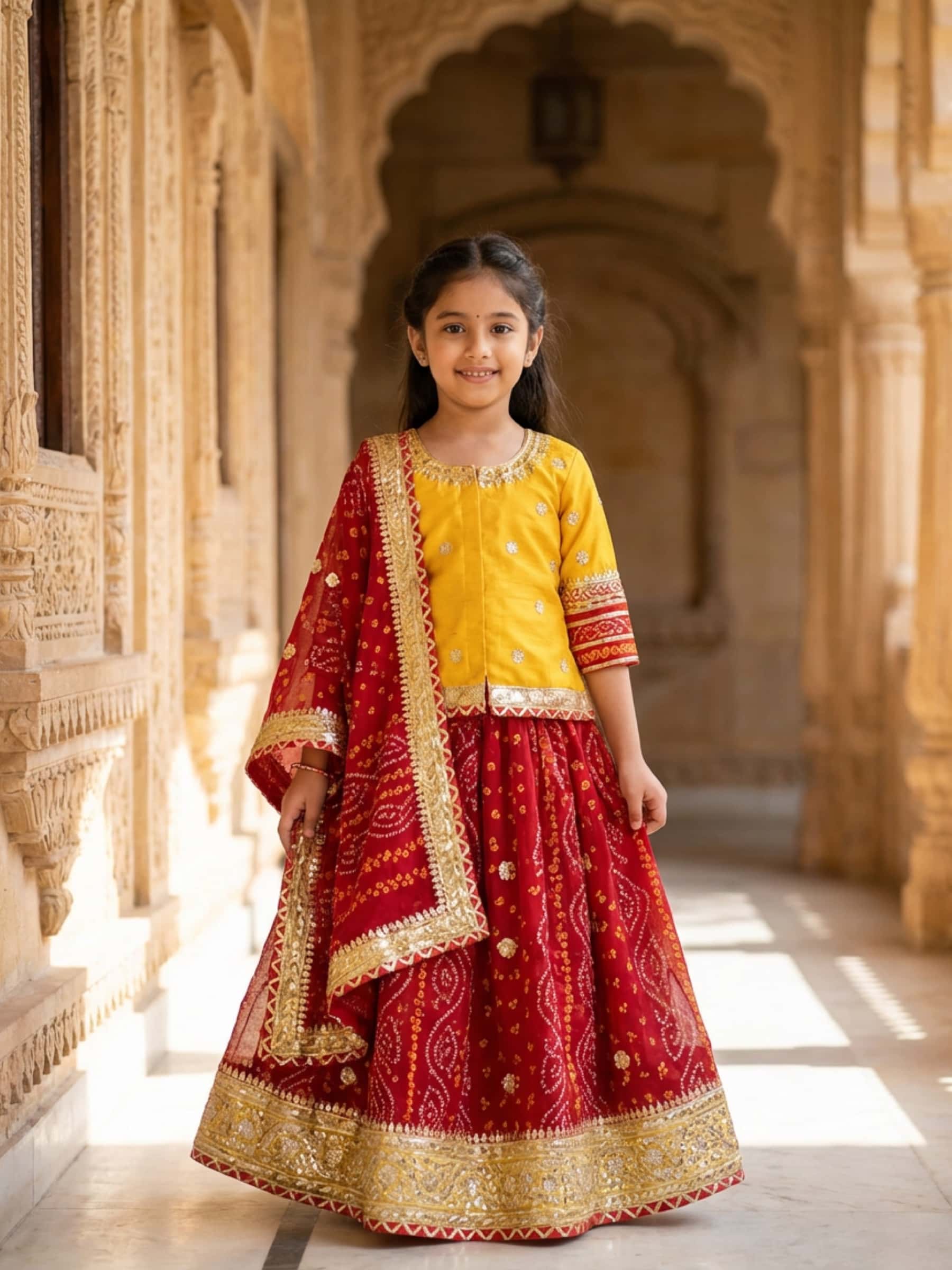 Red Yellow Gota Patti Kids Lehenga