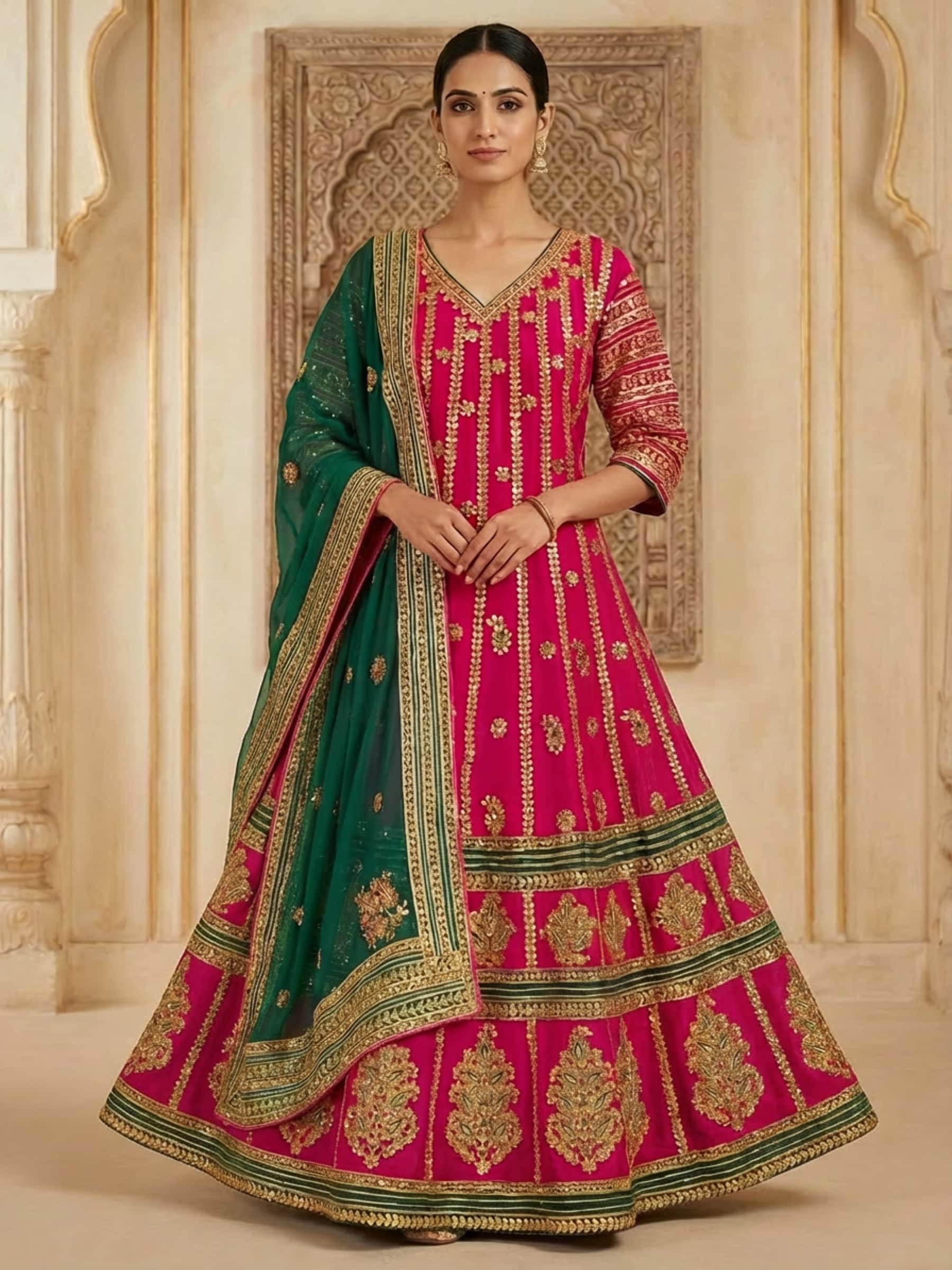 Regal Pink Gota Patti Anarkali with Grand Border & Green Dupatta - Image 1