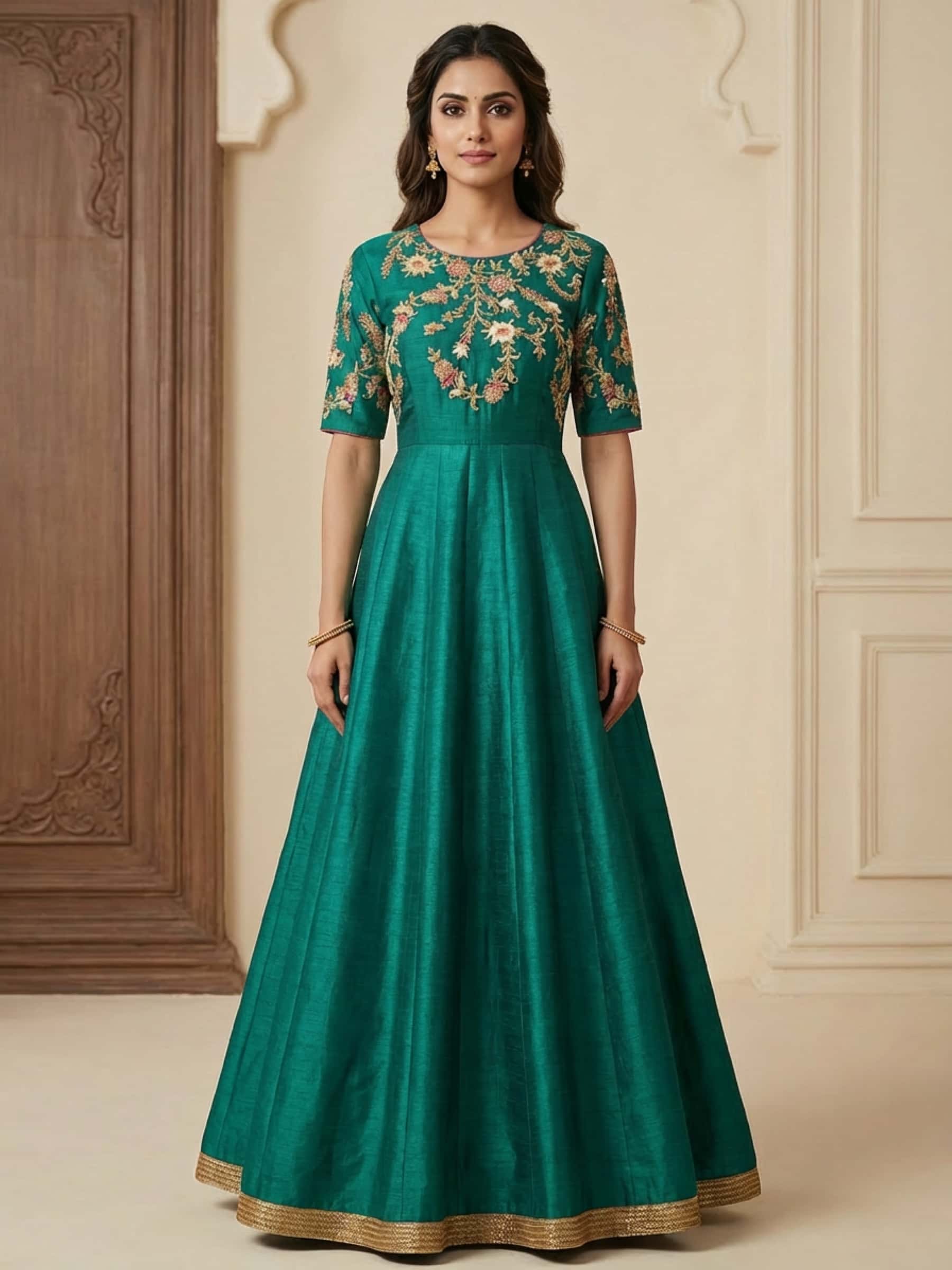 Regal floral length dress in emerald green gown - Image 1