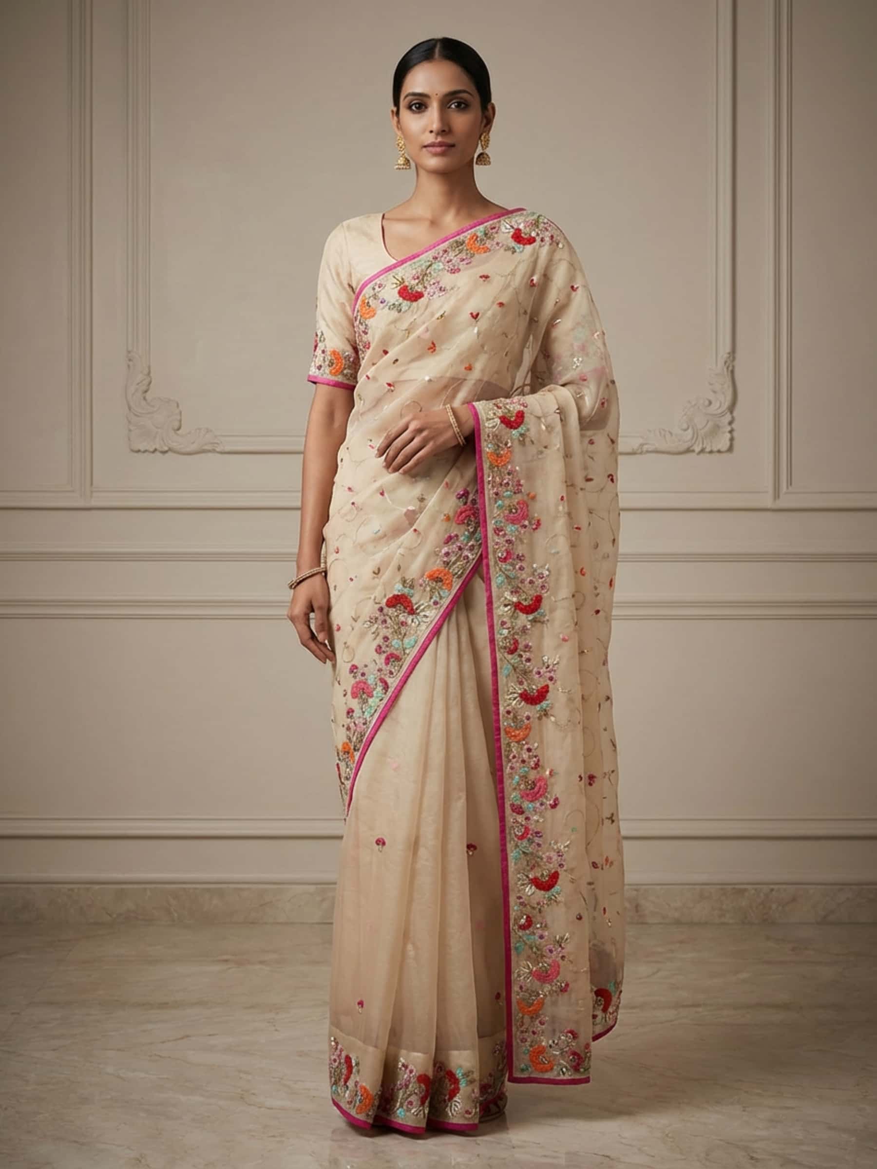Resham Handwork Colorful Saree in Pure Organza - Image 1