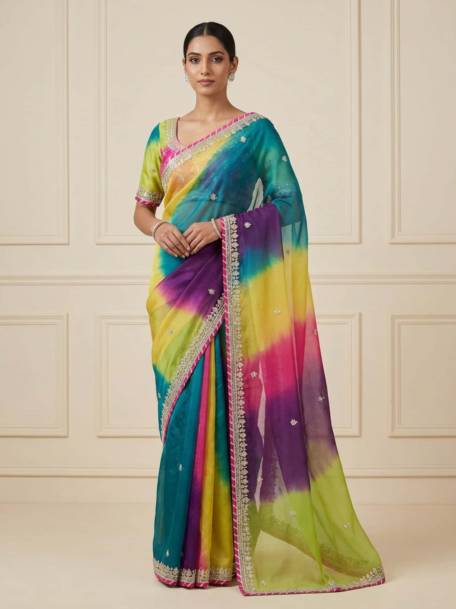 Rich Gota Danka Handwork Panch Rangi Saree