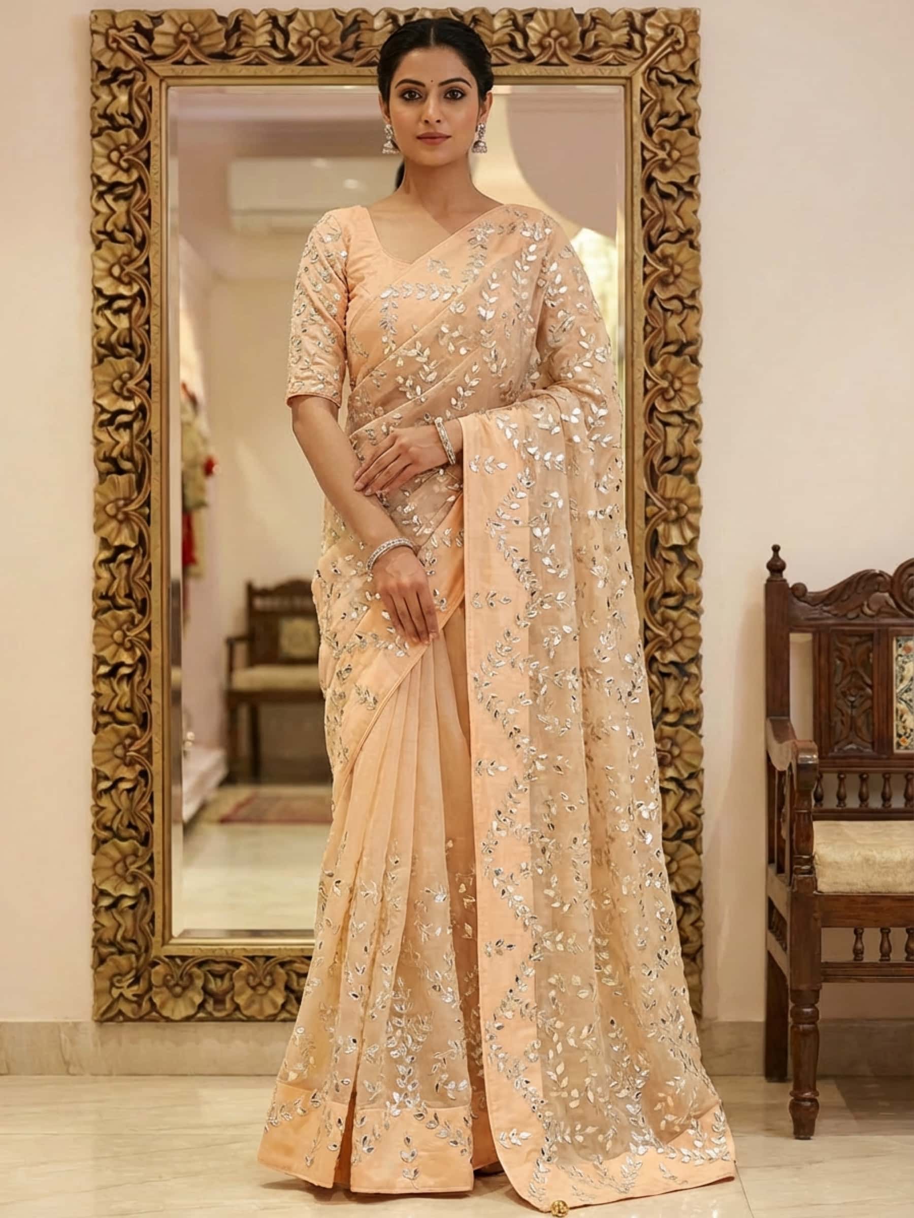 Rich Handmade Kacchi Patti Jaal Design Saree - Image 1