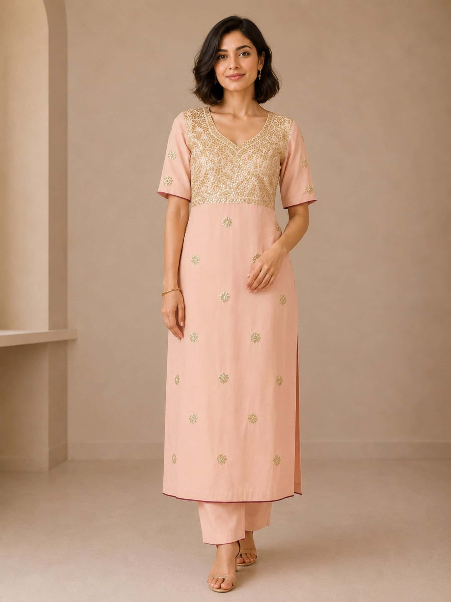 Rich Neckline Worked Kurti in Light Peach