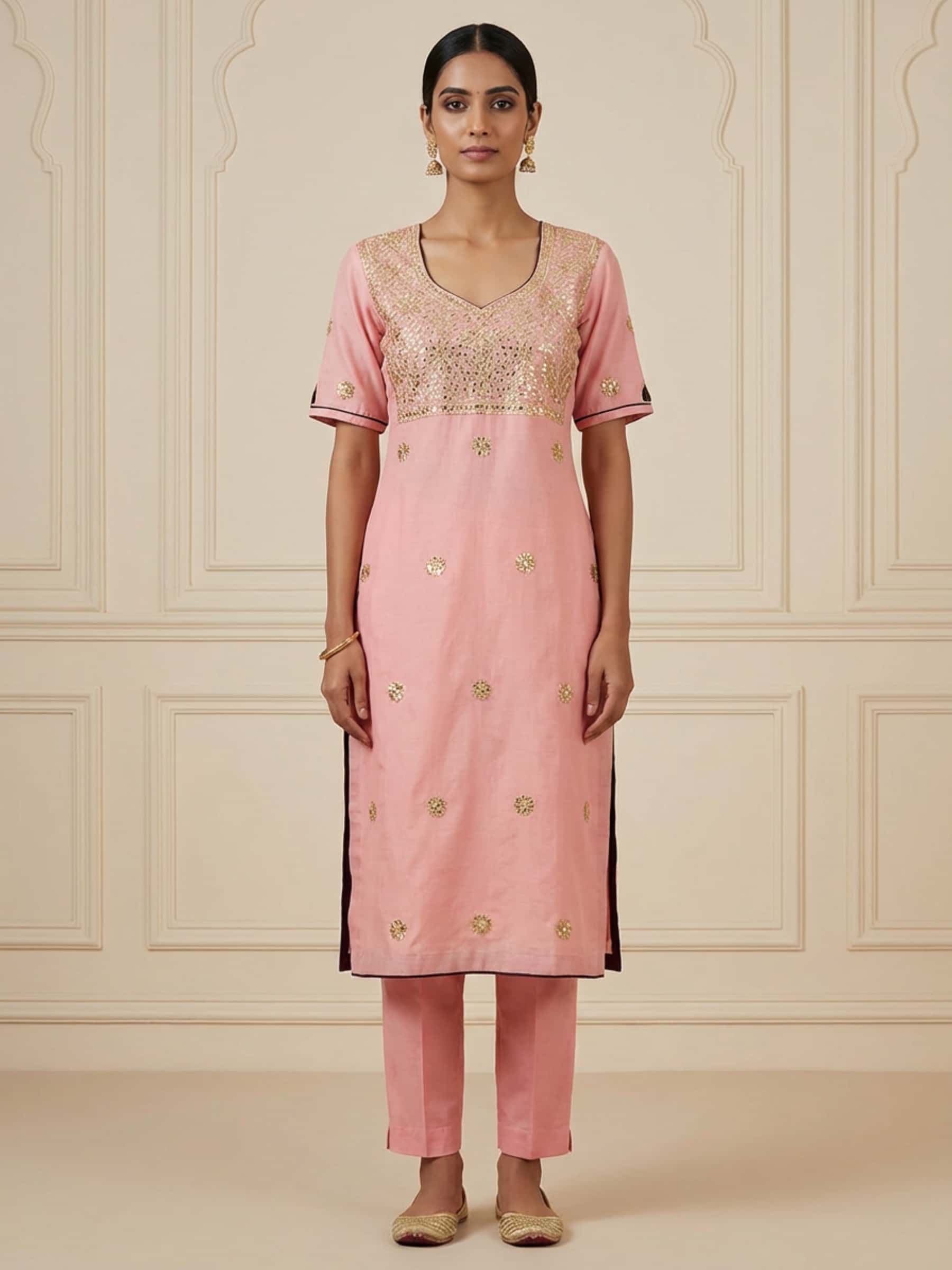 Light Peach Handworked Neckline Kurti - Image 1