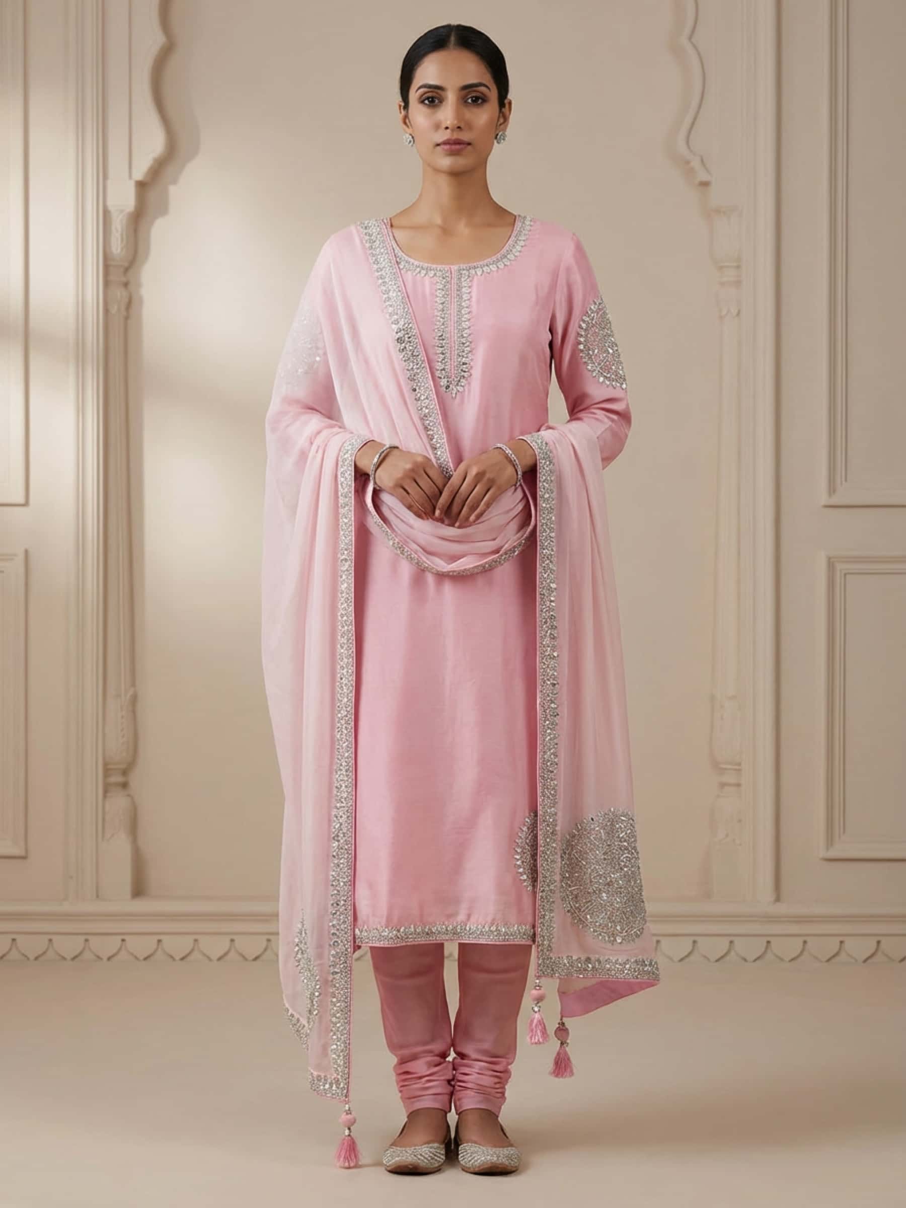 Rich Pink Dupatta and Suit in Zardozi Work - Image 1