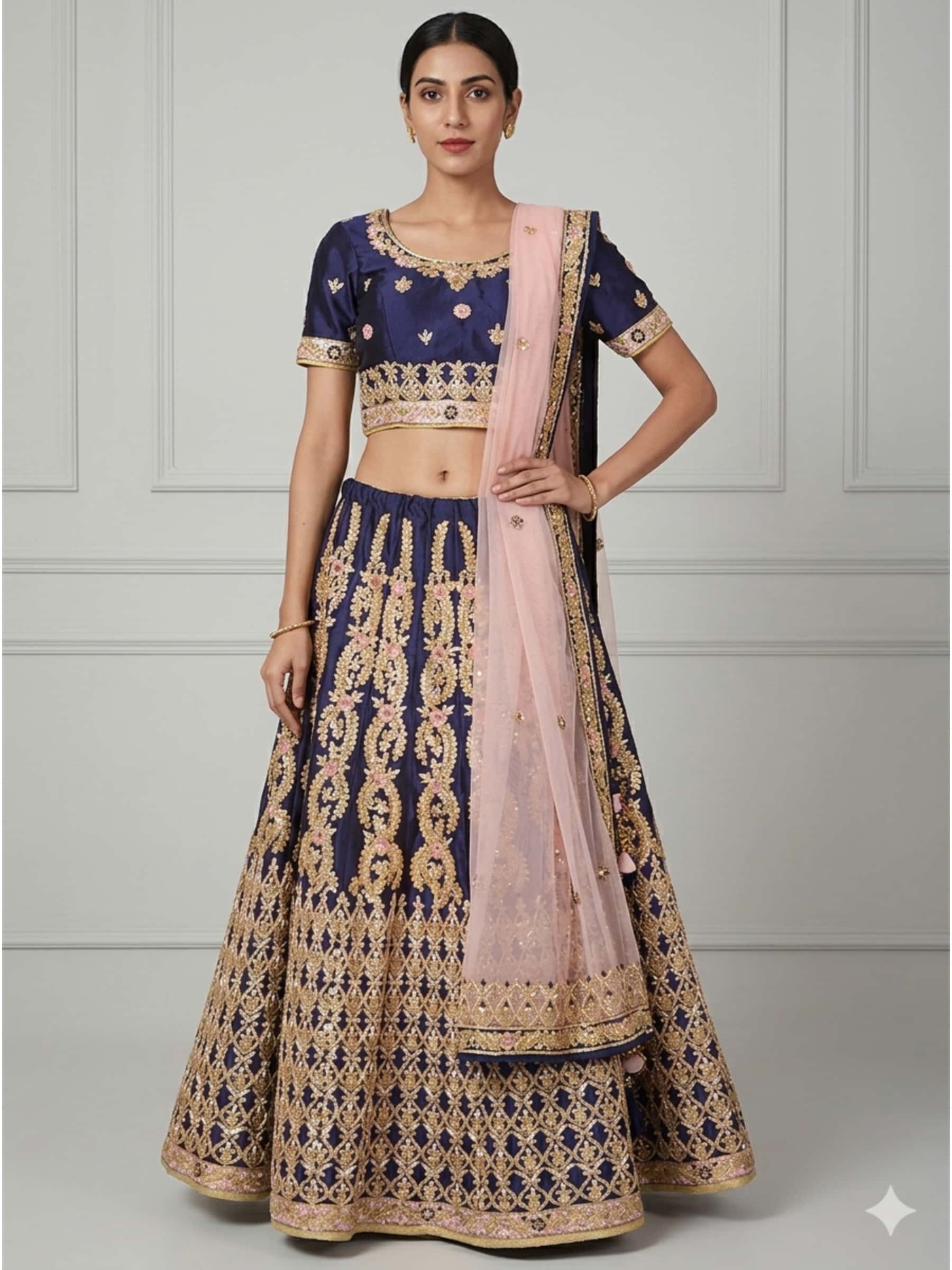 Rich Ribbon Gota Zardozi Worked Blue Wedding Lehenga - Image 1