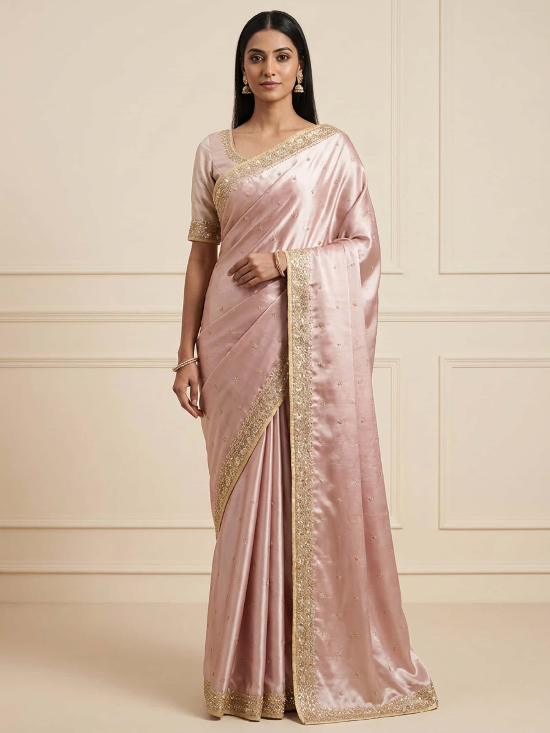 Rose Gold Pure Satin Georgette Saree in Zardozi Handwork - Image 1