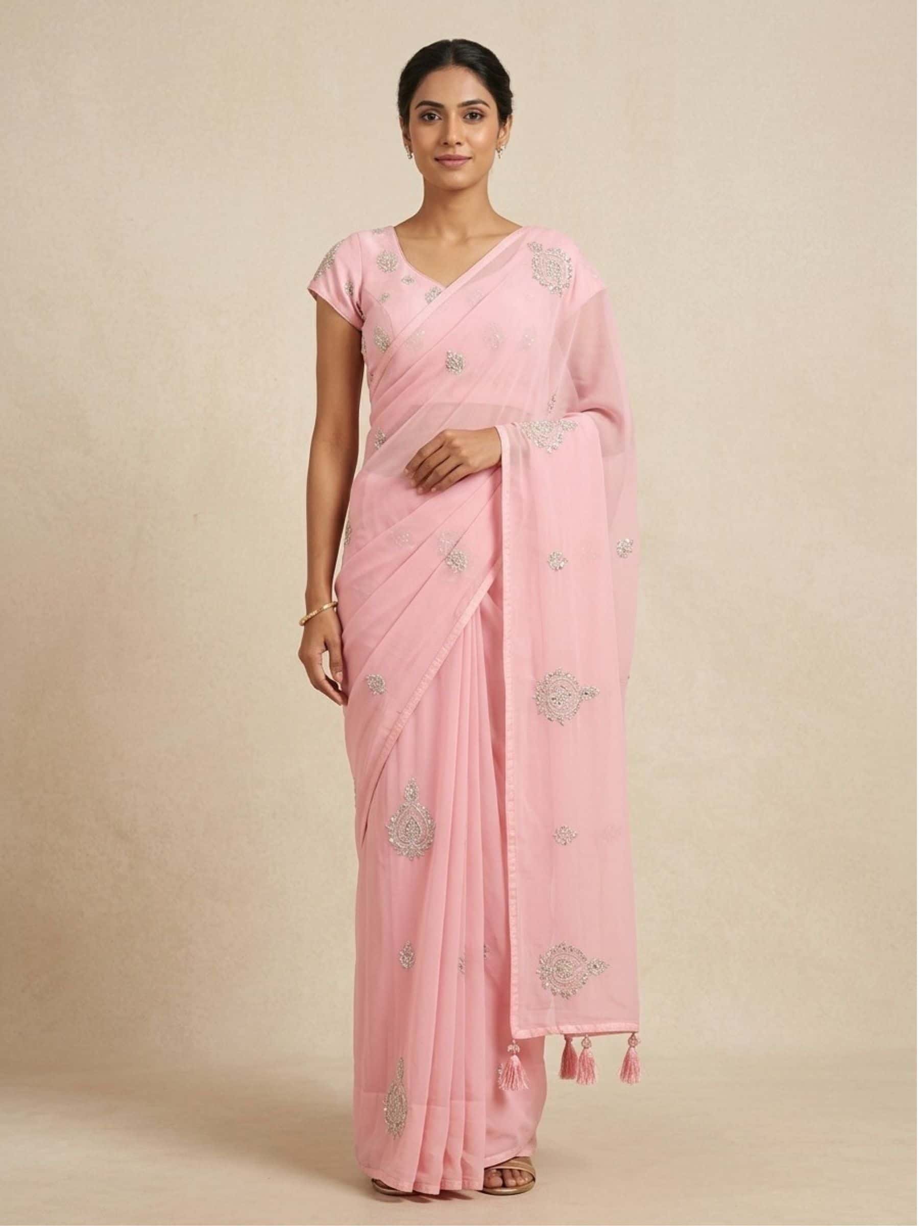 Rose Pink Pure Georgette Saree in Aari Handwork - Image 1