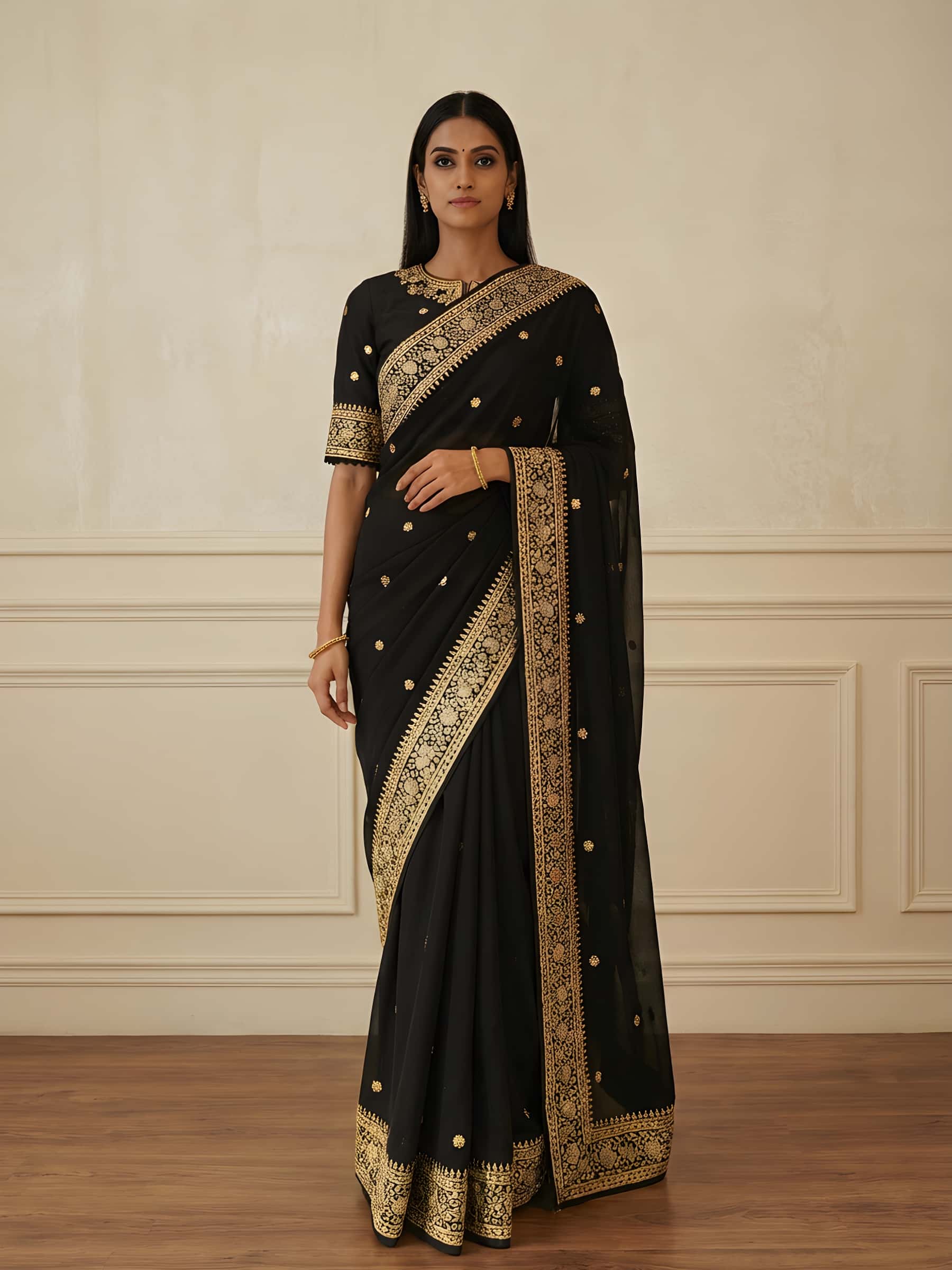 Royal Black Designer Pure Georgette Saree - Image 1