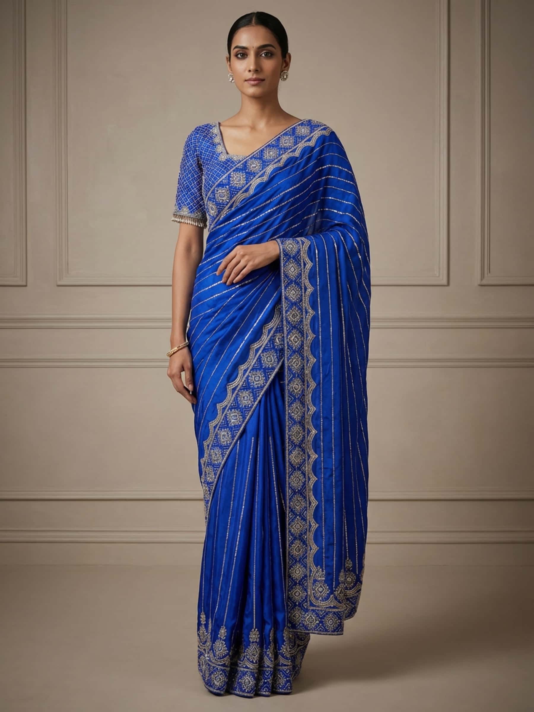 Royal Blue Satin Georgette Embroidered Saree - Image 1